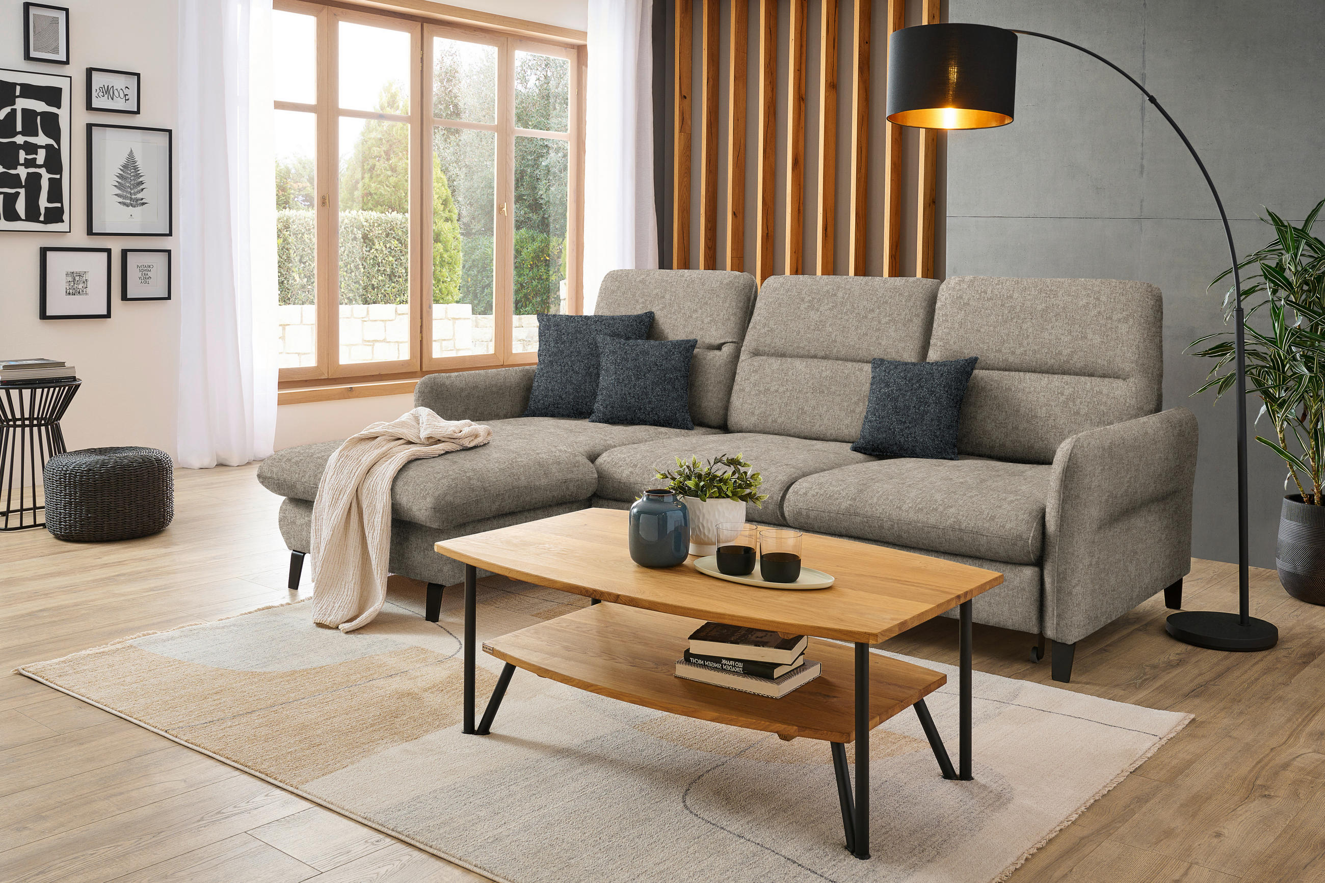 ECKSOFA Greige Chenille  - Greige/Schwarz, KONVENTIONELL, Textil/Metall (190/254cm) - Livetastic