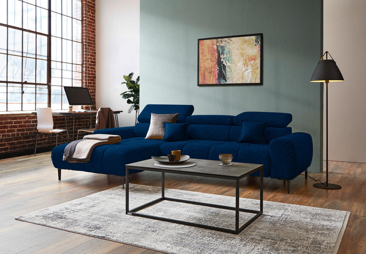 ECKSOFA in Samt, Webstoff Blau  - Blau/Schwarz, Design, Textil/Metall (177/270cm) - Welnova