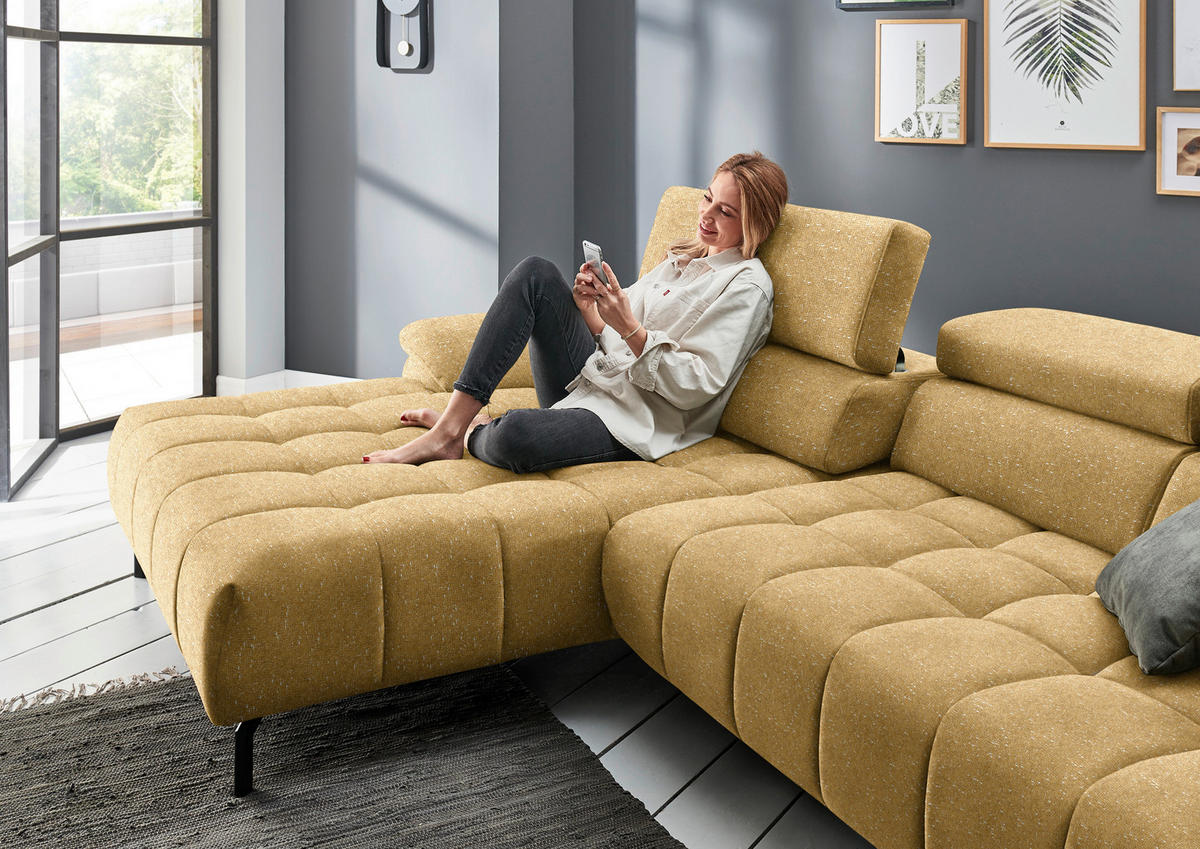 ECKSOFA in Chenille Currygelb  - Currygelb/Schwarz, Design, Textil/Metall (190/329cm) - Beldomo Style