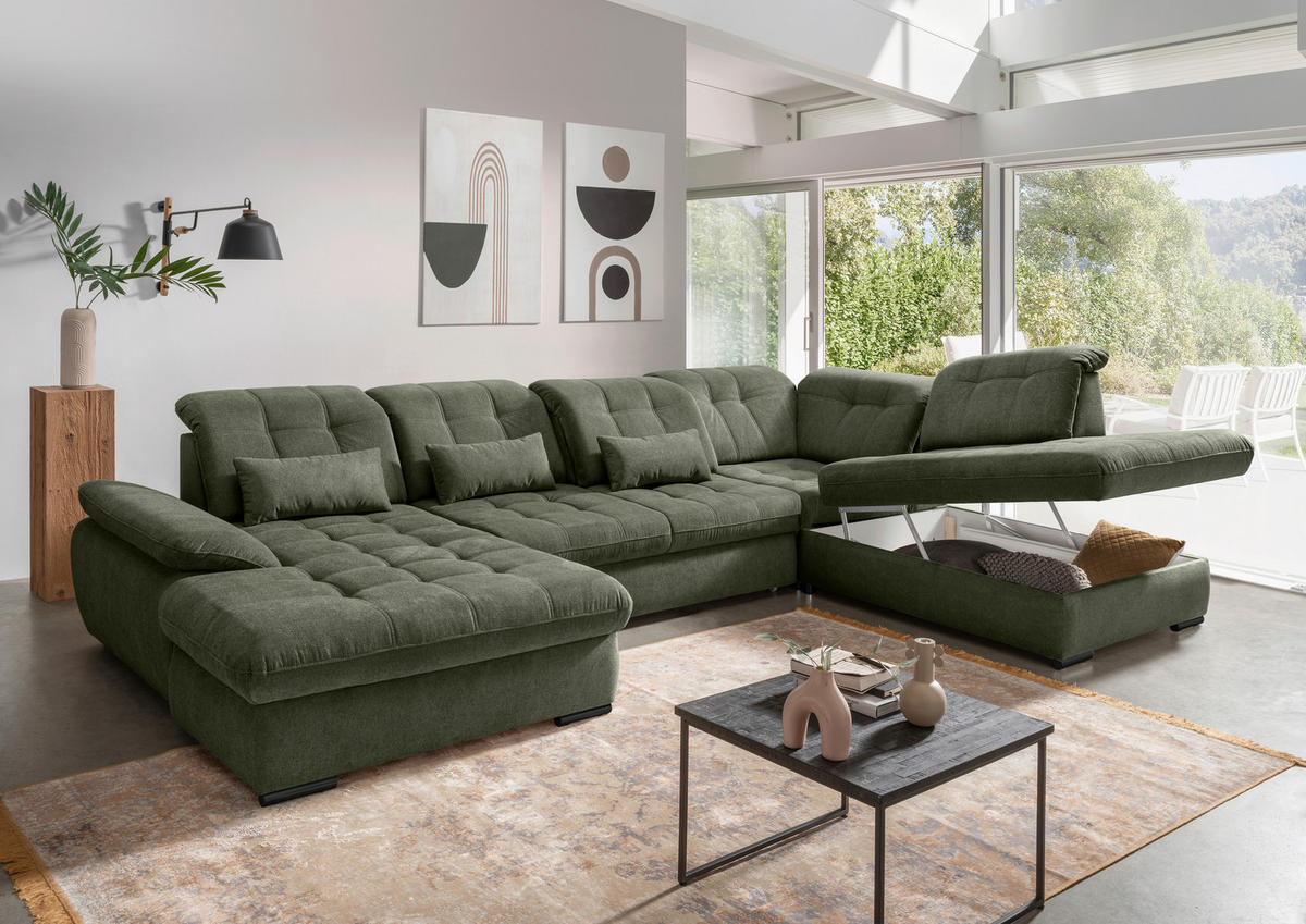 WOHNLANDSCHAFT in Chenille Dunkelgrün  - Dunkelgrün/Schwarz, Modern, Textil/Metall (184/387/252cm) - Livetastic