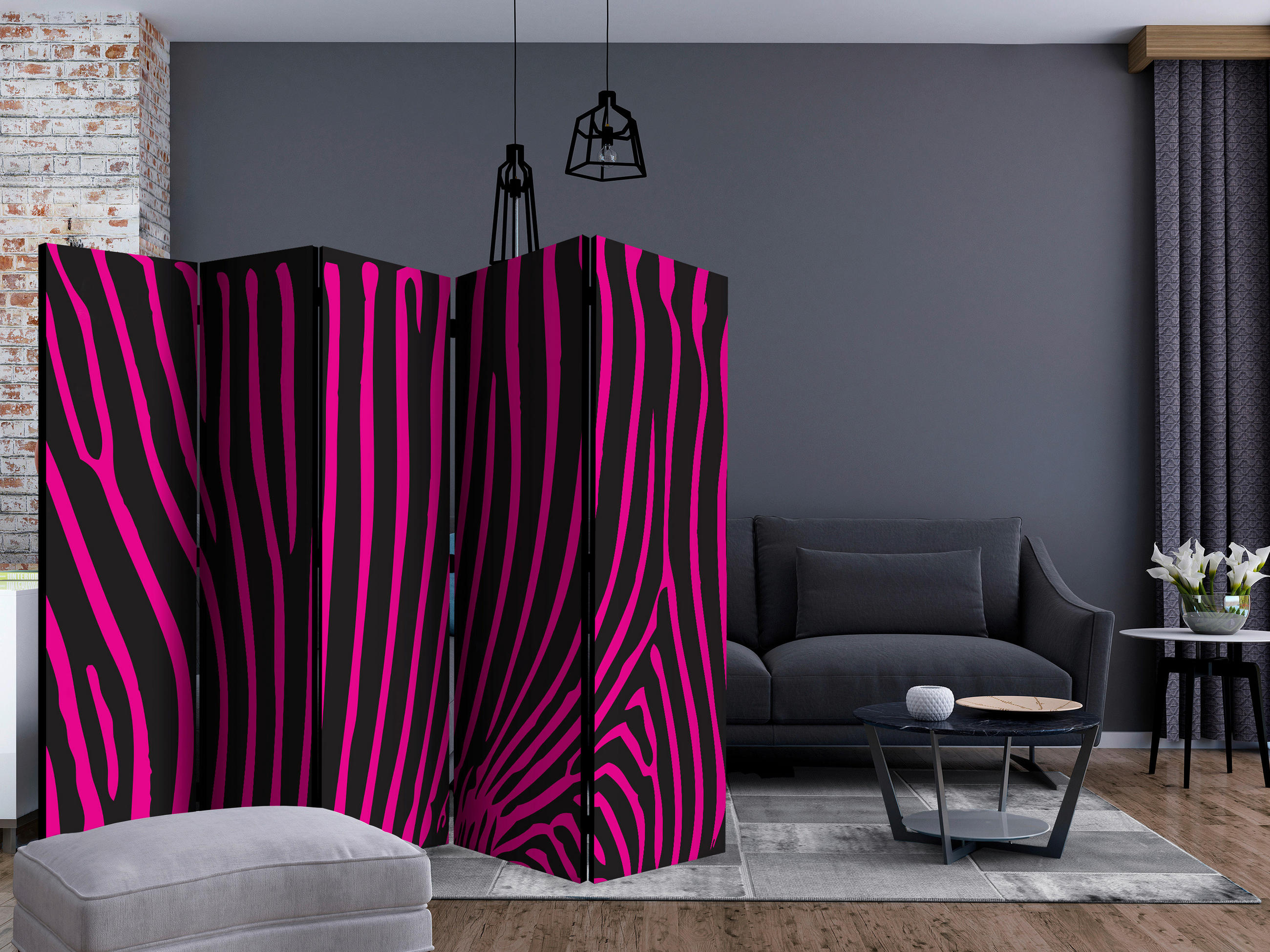 Paravent doppeltseitig mit 5  Flügel - Pink/Schwarz, Basics, Holz/Textil (225/172/2cm) - artgeist