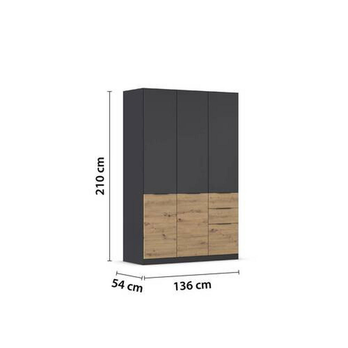 KLEIDERSCHRANK 136/210/54 cm 3-türig Grau, Eiche Artisan  - Eiche Artisan/Grau, KONVENTIONELL, Holzwerkstoff/Kunststoff (136/210/54cm) - James Wood