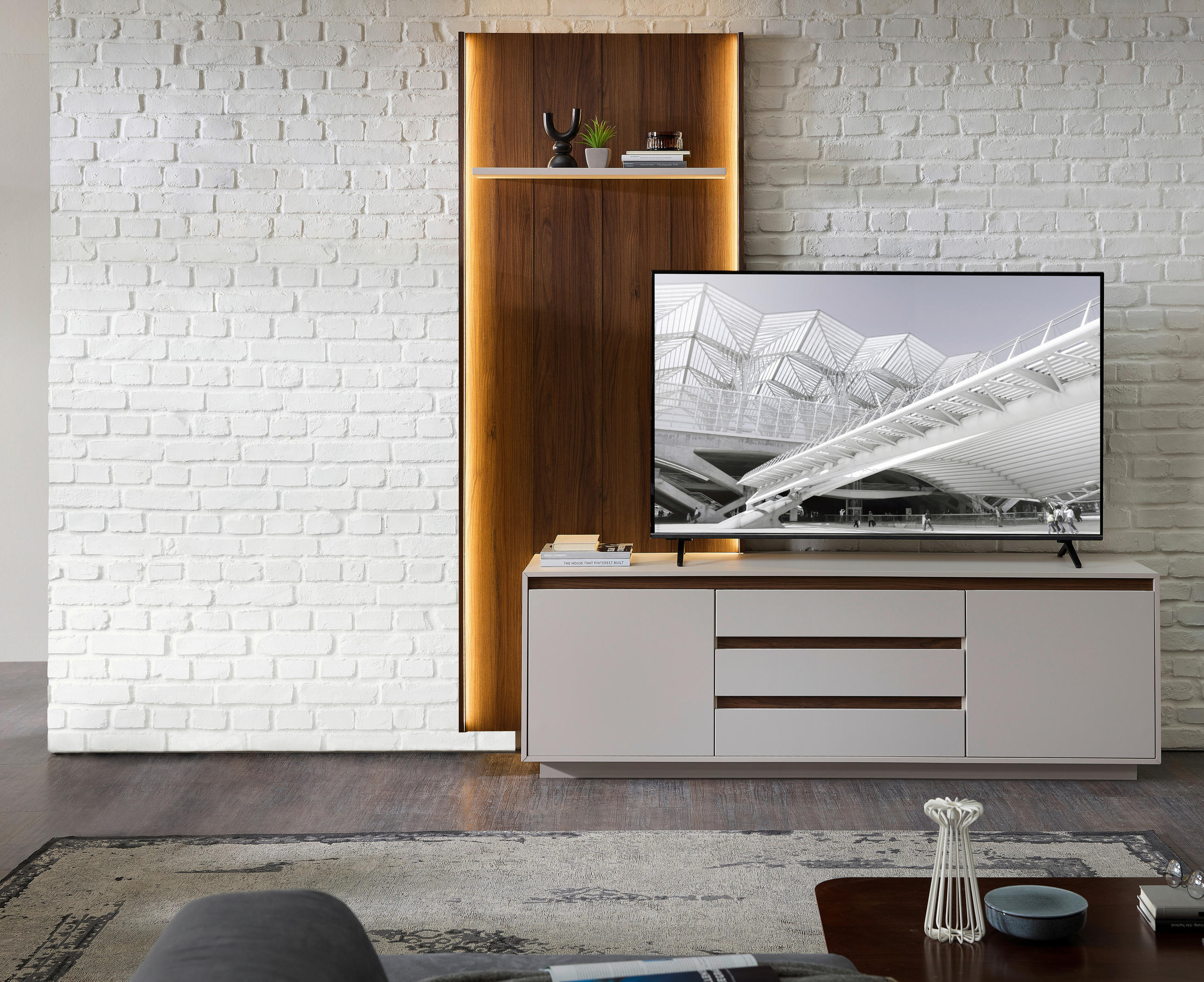WOHNWAND  in Nussbaumfarben, Kaschmir 214/232/45 cm  - Kaschmir/Nussbaumfarben, Design, Holzwerkstoff (214/232/45cm) - Stylife
