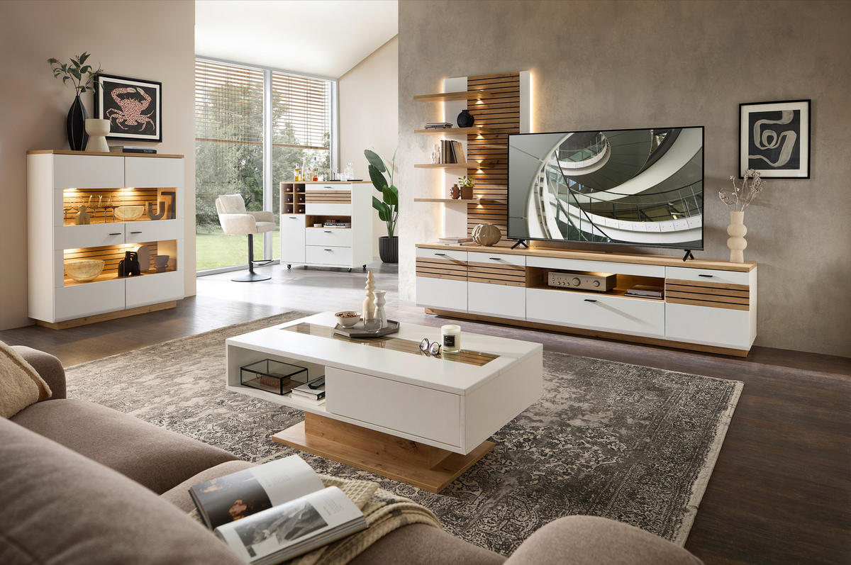 COUCHTISCH FRESNO Klarglas 120/43/65 cm rechteckig Weiß, Eiche Artisan  - Weiß/Eiche Artisan, Design, Glas/Holzwerkstoff (120/43/65cm) - Stylife