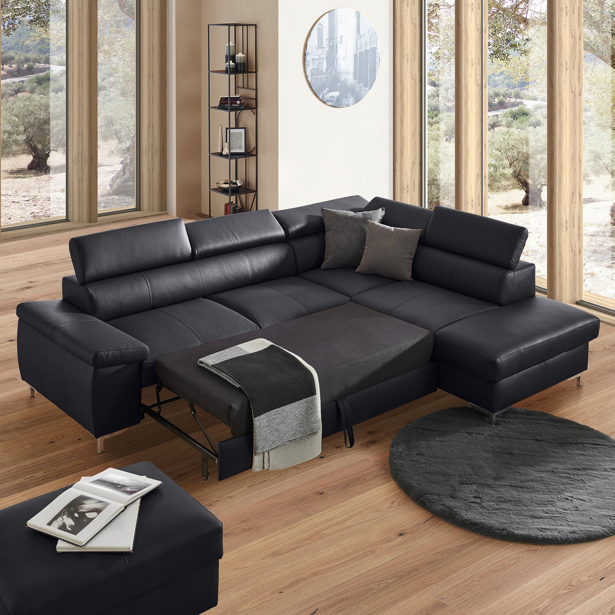 ECKSOFA in Echtleder Hellgrau  - Hellgrau/Schwarz, Design, Leder/Metall (213/268cm) - Stylife