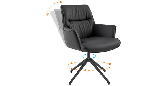 ARMLEHNSTUHL  Wippfunktion, Sitzfläche 360° drehbar, automatische Rückholfunktion  Echtleder  - Schwarz, Design, Leder/Metall (65/92/67,5cm) - Novel
