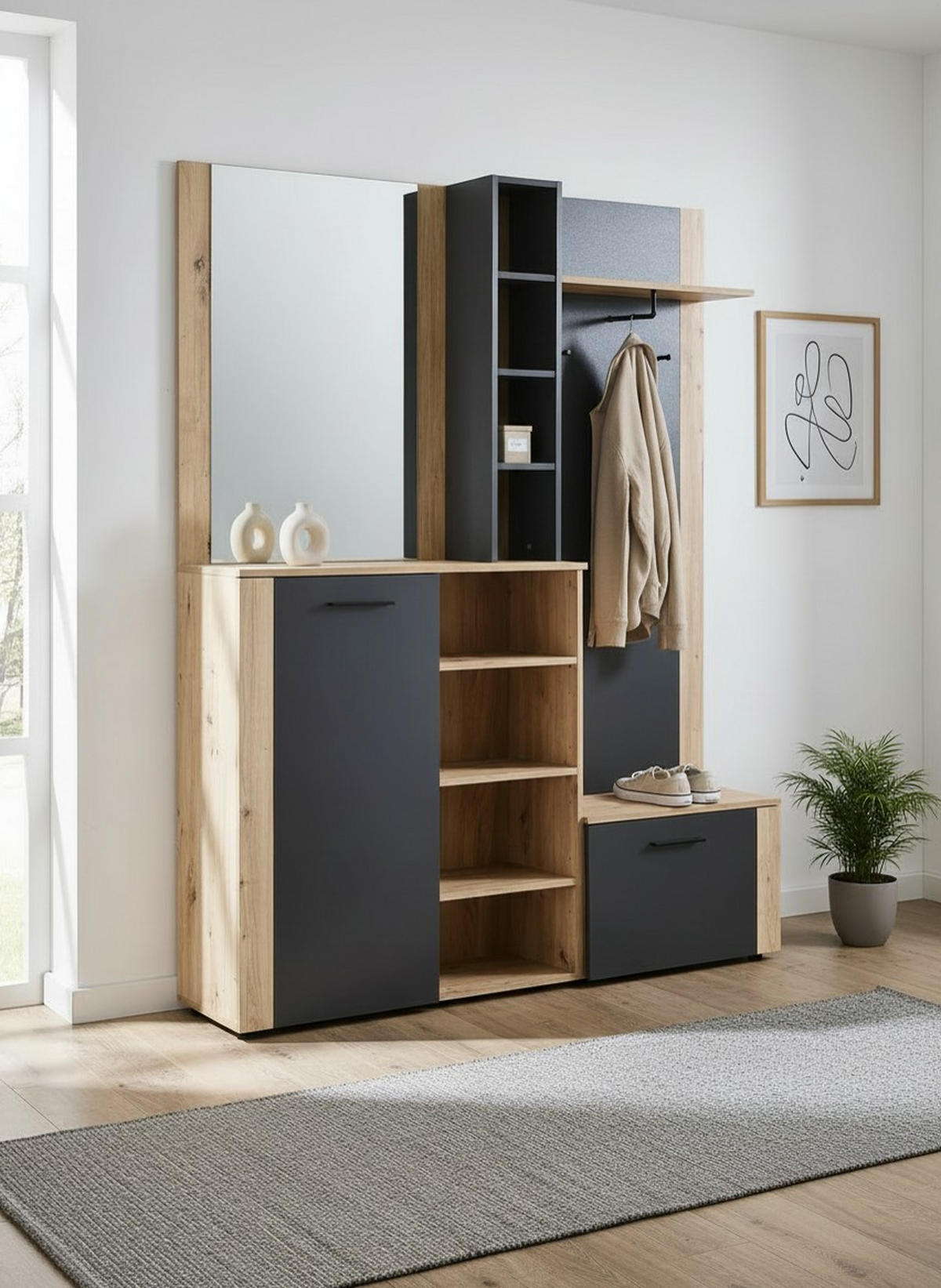 GARDEROBE 7-teilig  in 150/190/32 cm  - Anthrazit/Eiche Artisan, Design, Glas/Holzwerkstoff (150/190/32cm) - MID.YOU