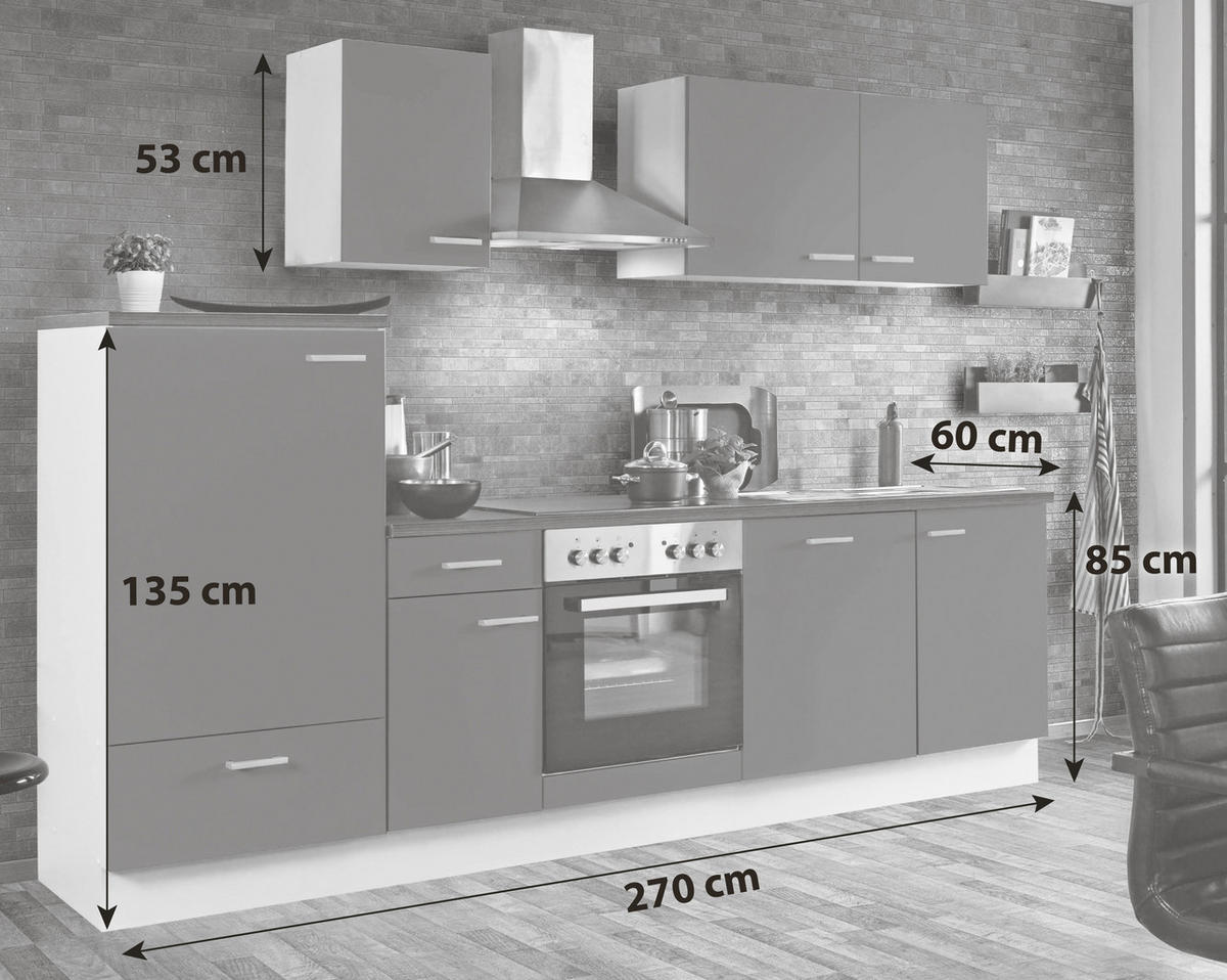 KÜCHENBLOCK 270 cm   in Graphitfarben, Weiß  - Silberfarben/Graphitfarben, KONVENTIONELL, Holzwerkstoff/Kunststoff (270cm) - Menke