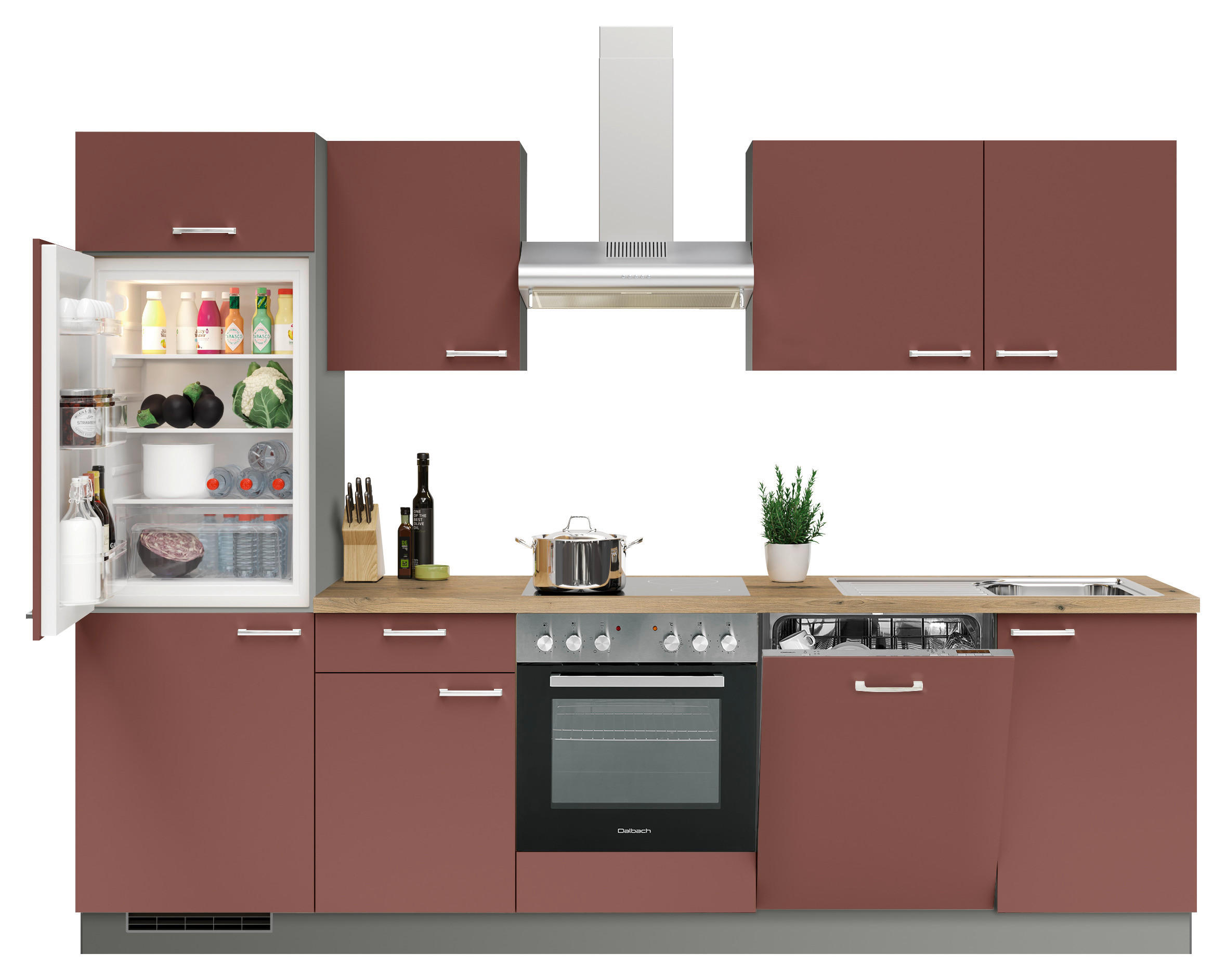 KÜCHENBLOCK 280 cm   in Anthrazit, Rot  - Edelstahlfarben/Eichefarben, KONVENTIONELL, Holzwerkstoff/Metall (280cm) - Welnova