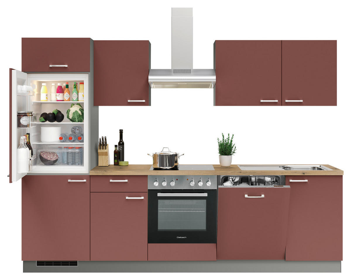 KÜCHENBLOCK 280 cm   in Anthrazit, Rot  - Edelstahlfarben/Eichefarben, KONVENTIONELL, Holzwerkstoff/Metall (280cm) - Welnova