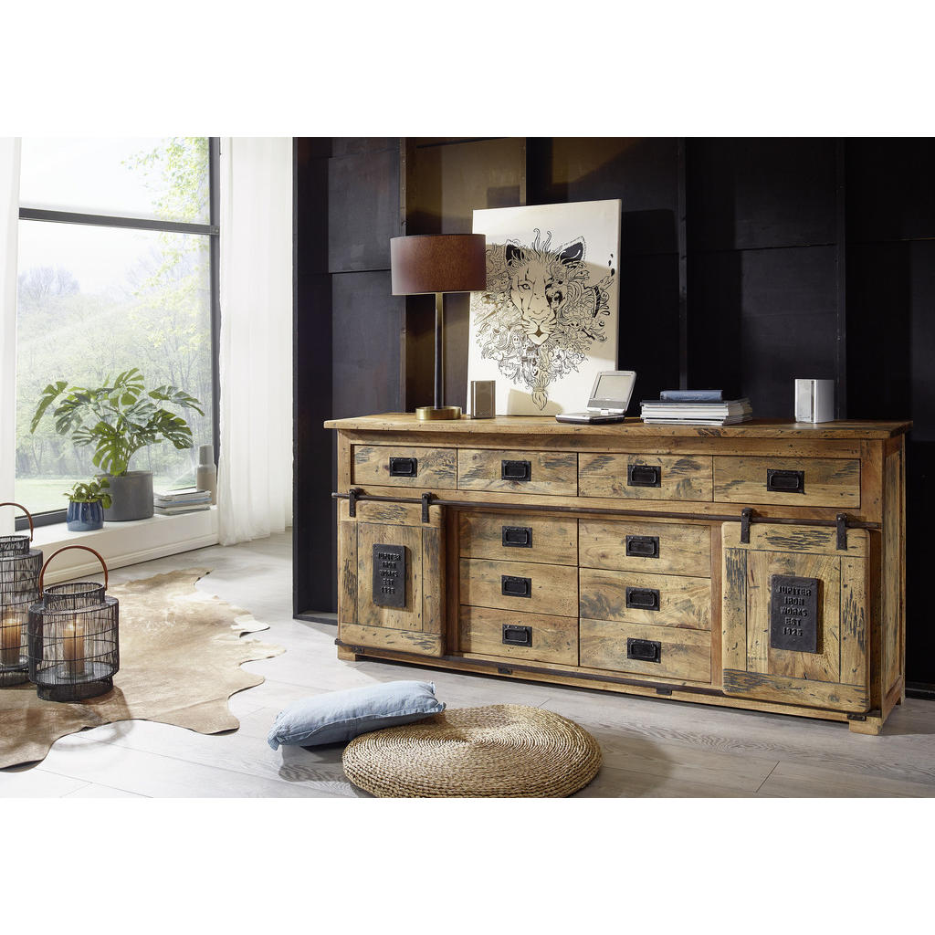 Thumbnail - Livetastic Sideboard, Natur, Metall, Mangoholz, massiv, 2 Fächer, 10 Schubladen, 200x90x45 cm, Typenauswahl, Holzmöbel, ...