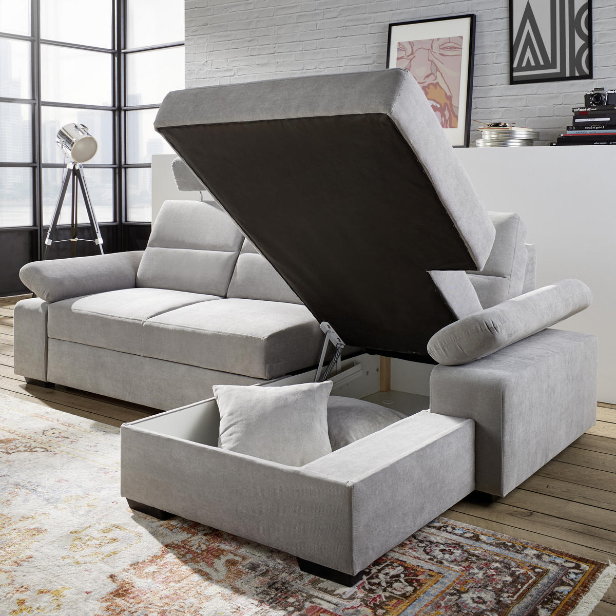 ECKSOFA inkl.Funktionen Hellgrau Webstoff  - Dunkelbraun/Hellgrau, Design, Kunststoff/Textil (258/166cm) - Cantus