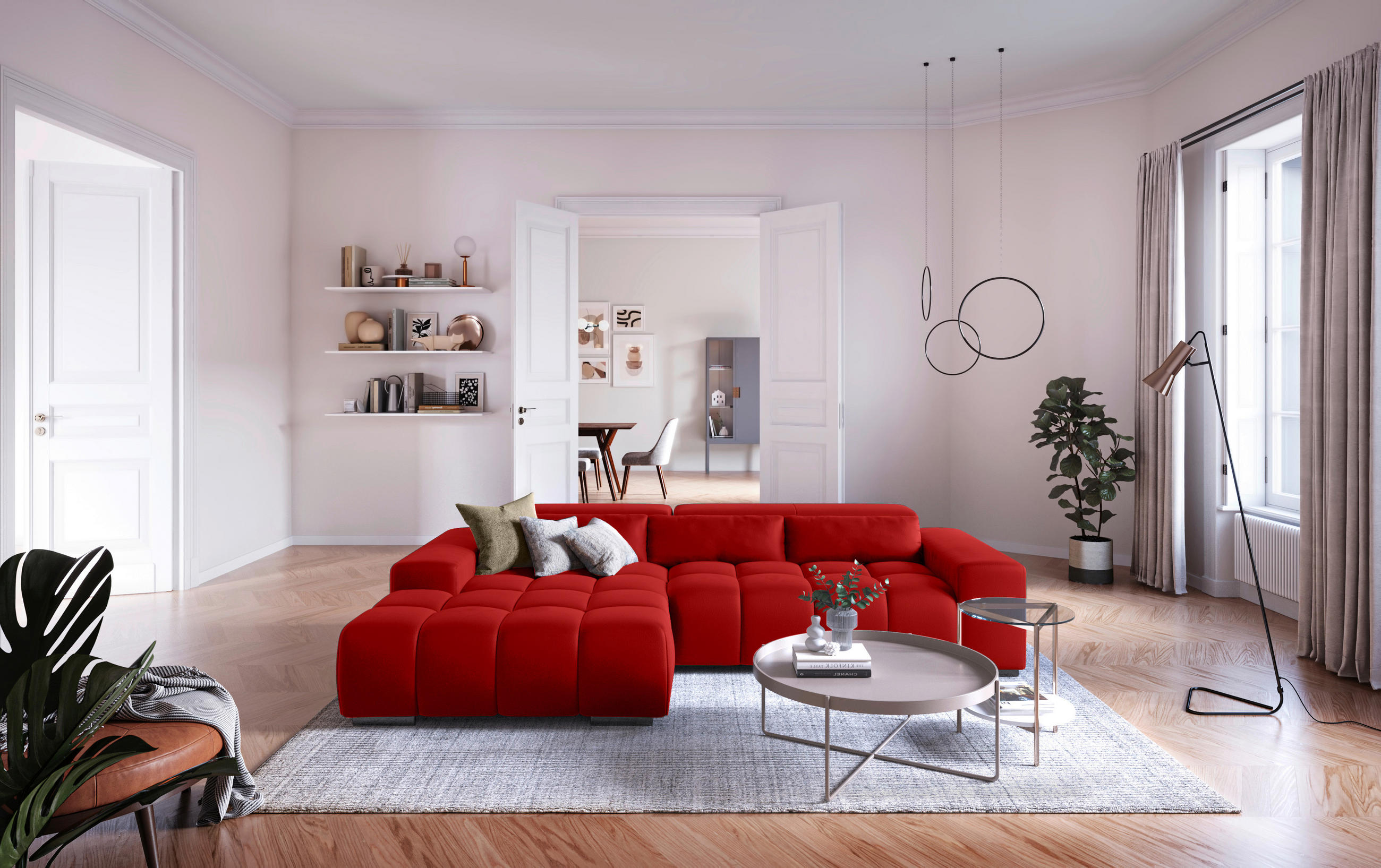 ECKSOFA Rot Velours  - Silberfarben/Rot, KONVENTIONELL, Textil/Metall (186/307cm) - Livetastic