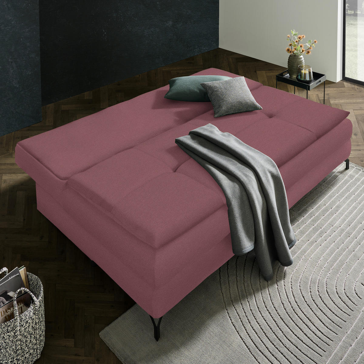 SCHLAFSOFA in Flachgewebe Dunkelrosa  - Dunkelrosa/Schwarz, MODERN, Textil/Metall (208/73/92/102cm) - Novel