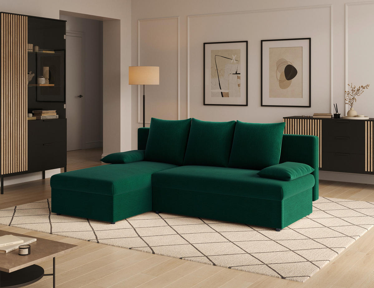 ECKSOFA GINO in Samt Dunkelgrün  201/143 cm  - Dunkelgrün/Schwarz, Design, Kunststoff/Textil (201/143cm) - MID.YOU