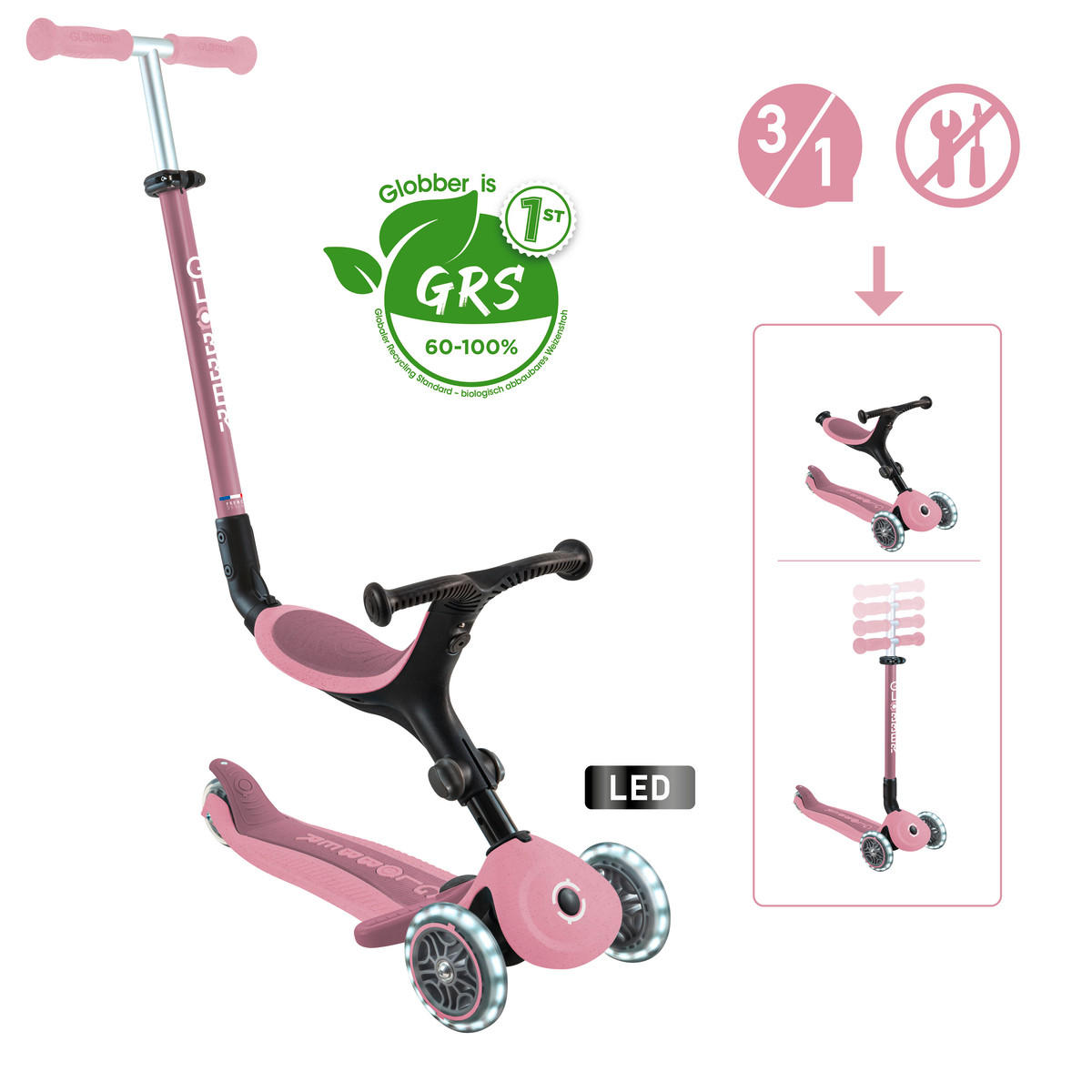 LAUFRAD GO-UP ACTIVE LIGHTS ECO 3IN1  - Pink/Beere, LIFESTYLE, Kunststoff/Metall (67/28/95,5cm) - GLOBBER