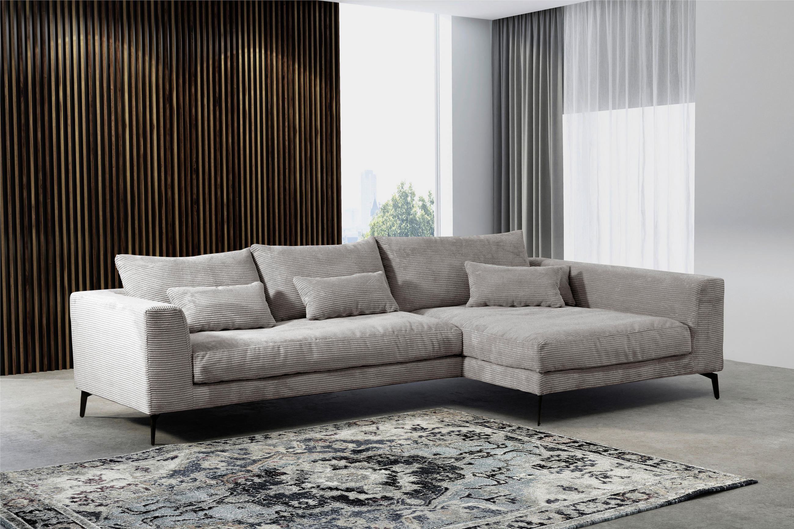ECKSOFA in Cord Hellgrau  - Hellgrau/Schwarz, Design, Textil/Metall (313/172cm) - Livetastic