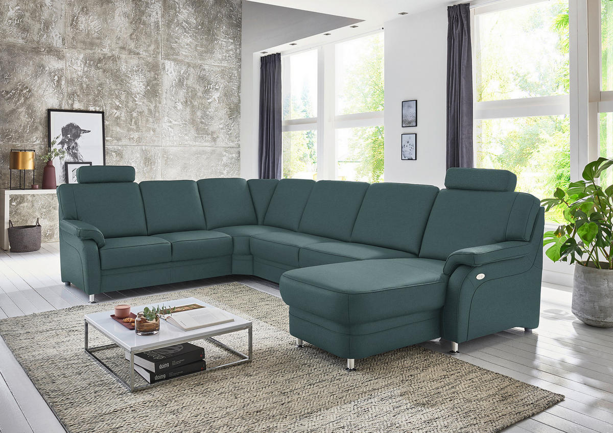 WOHNLANDSCHAFT Echtleder Graublau  - Graublau/Alufarben, Konventionell, Leder/Metall (239/329/165cm) - Beldomo Premium