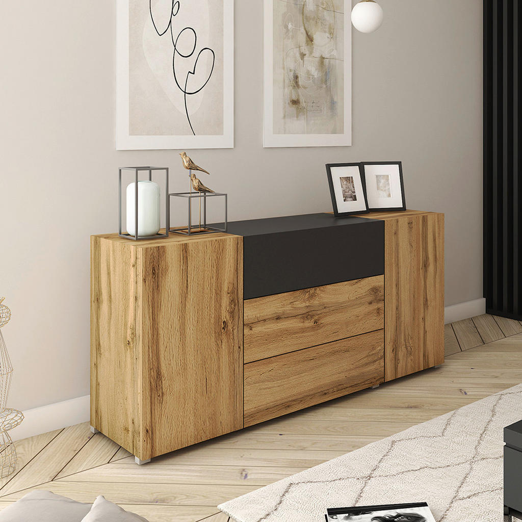 Thumbnail - P & B Kommode Berlin, Schwarz, Eiche Wotan, Holzwerkstoff, 4 Fächer, 3 Schublade(n) Schubladen, 150x68x38.5 cm, Fsc, ste...