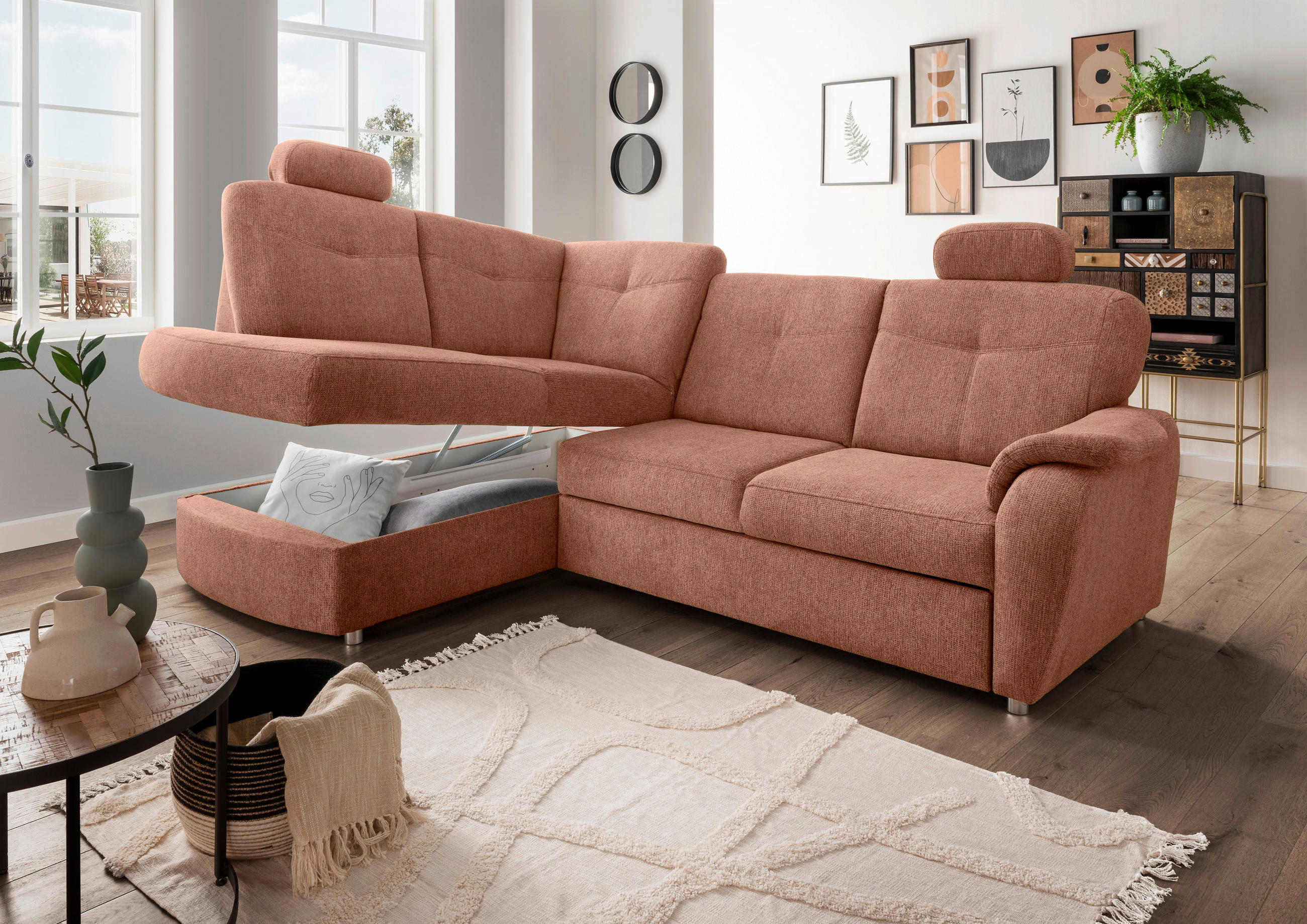 ECKSCHLAFSOFA Chenille Koralle  - Chromfarben/Koralle, MODERN, Kunststoff/Textil (180/264cm) - Livetastic