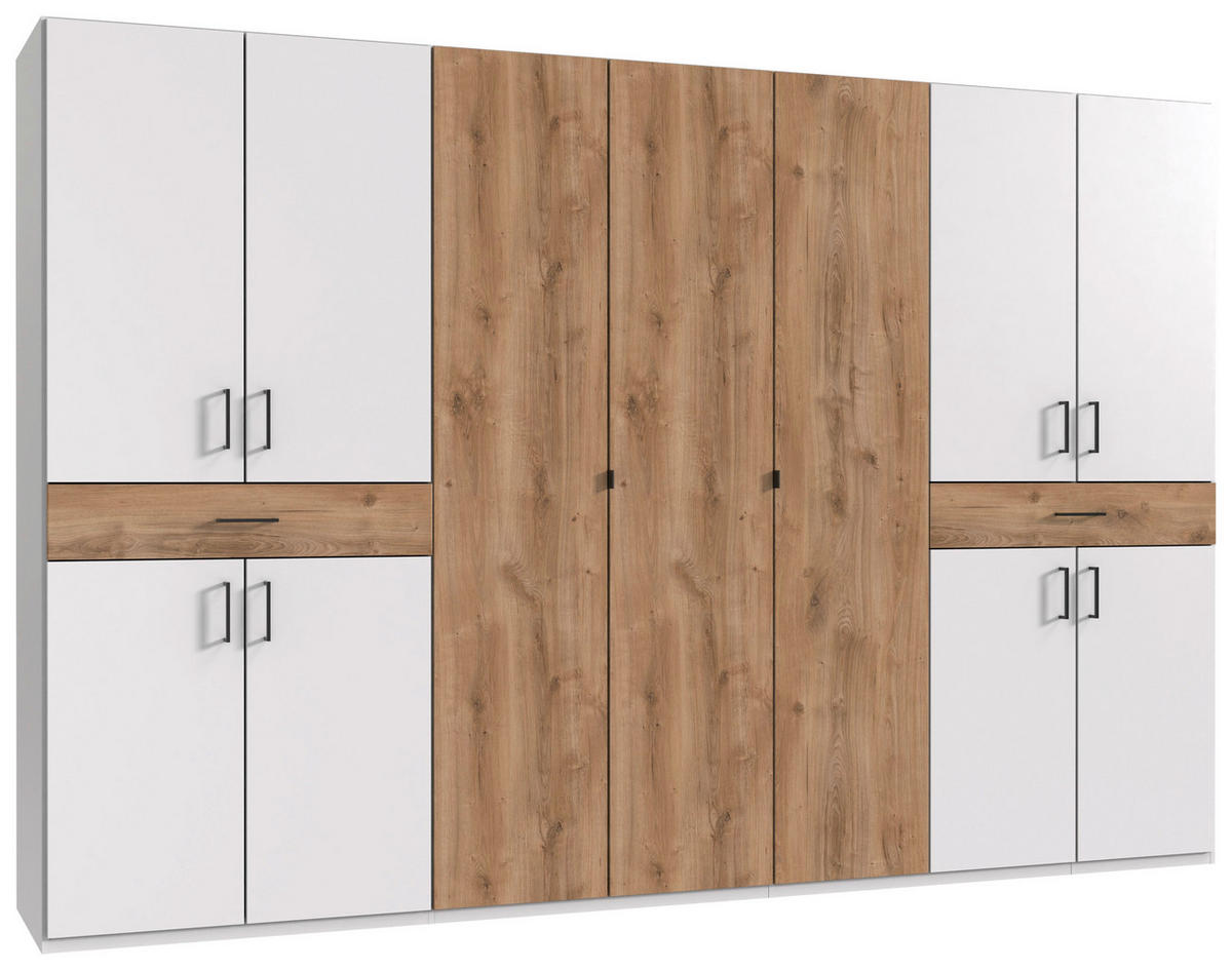 DREHTÜRENSCHRANK  in Weiß, Plankeneiche  - Plankeneiche/Schwarz, KONVENTIONELL, Holzwerkstoff/Kunststoff (313/208/58cm) - Carryhome