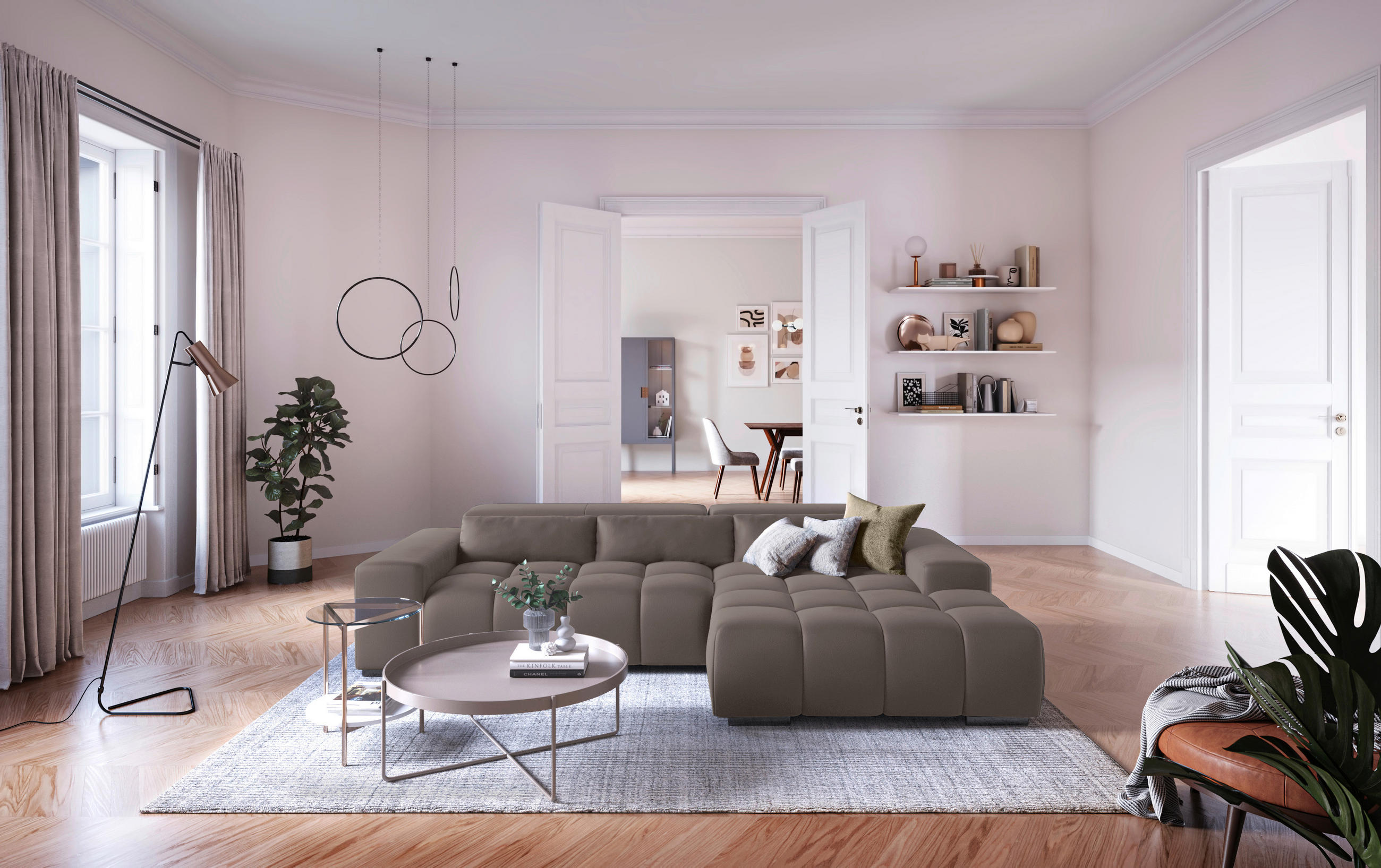 ECKSOFA in Velours Silberfarben  - Silberfarben, Konventionell, Textil/Metall (307/186cm) - Livetastic