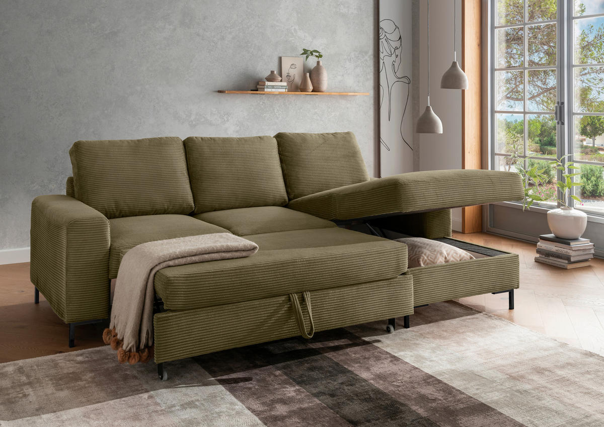 ECKSCHLAFSOFA  mit Liegefunktion, Rücken echt Cord Olivgrün  - Schwarz/Olivgrün, KONVENTIONELL, Textil/Metall (237/143cm) - Livetastic