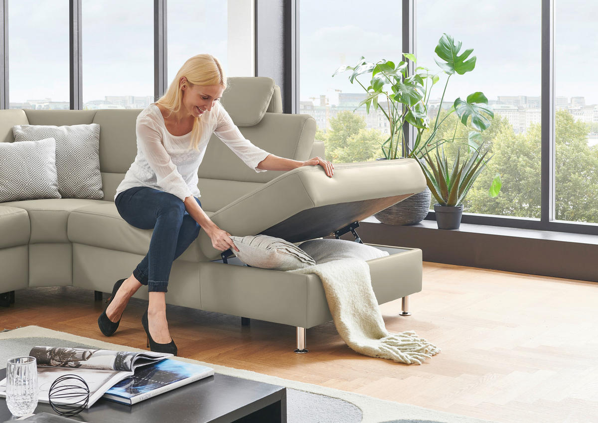 ECKSOFA in Echtleder Ecru  - Ecru/Alufarben, Konventionell, Leder/Metall (290/249cm) - Beldomo Premium