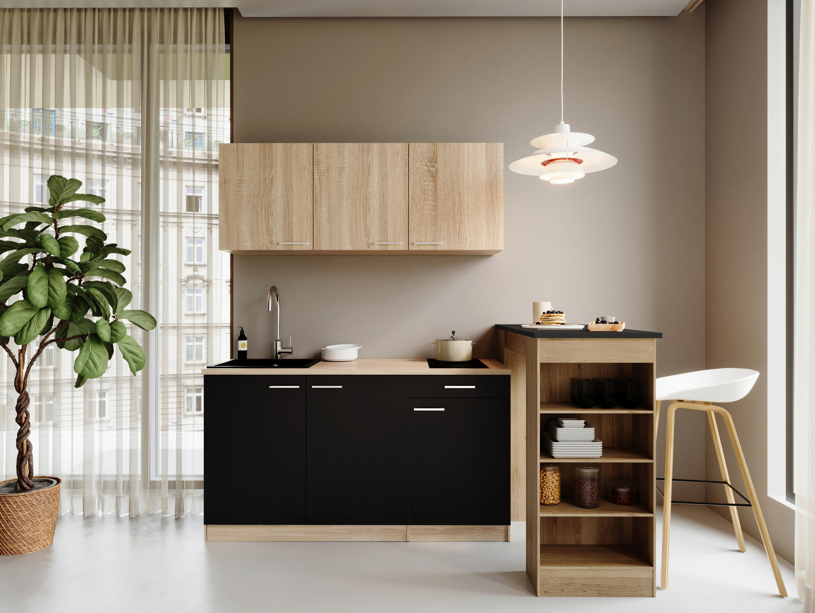 MAJHNA KUHINJA - črna/barve hrasta, Design, umetna masa/leseni material (150cm) - Respekta
