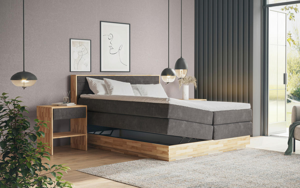 BOXSPRINGBETT 180/200 cm,  in Graphitfarben, Taupe, Eichefarben, Matratze, gepolstertes Kopfteil, Bettkasten, Topper, H3 + H3 = fest  - Taupe/Eichefarben, MODERN, Holz/Kunststoff (180/200cm) - Livetastic