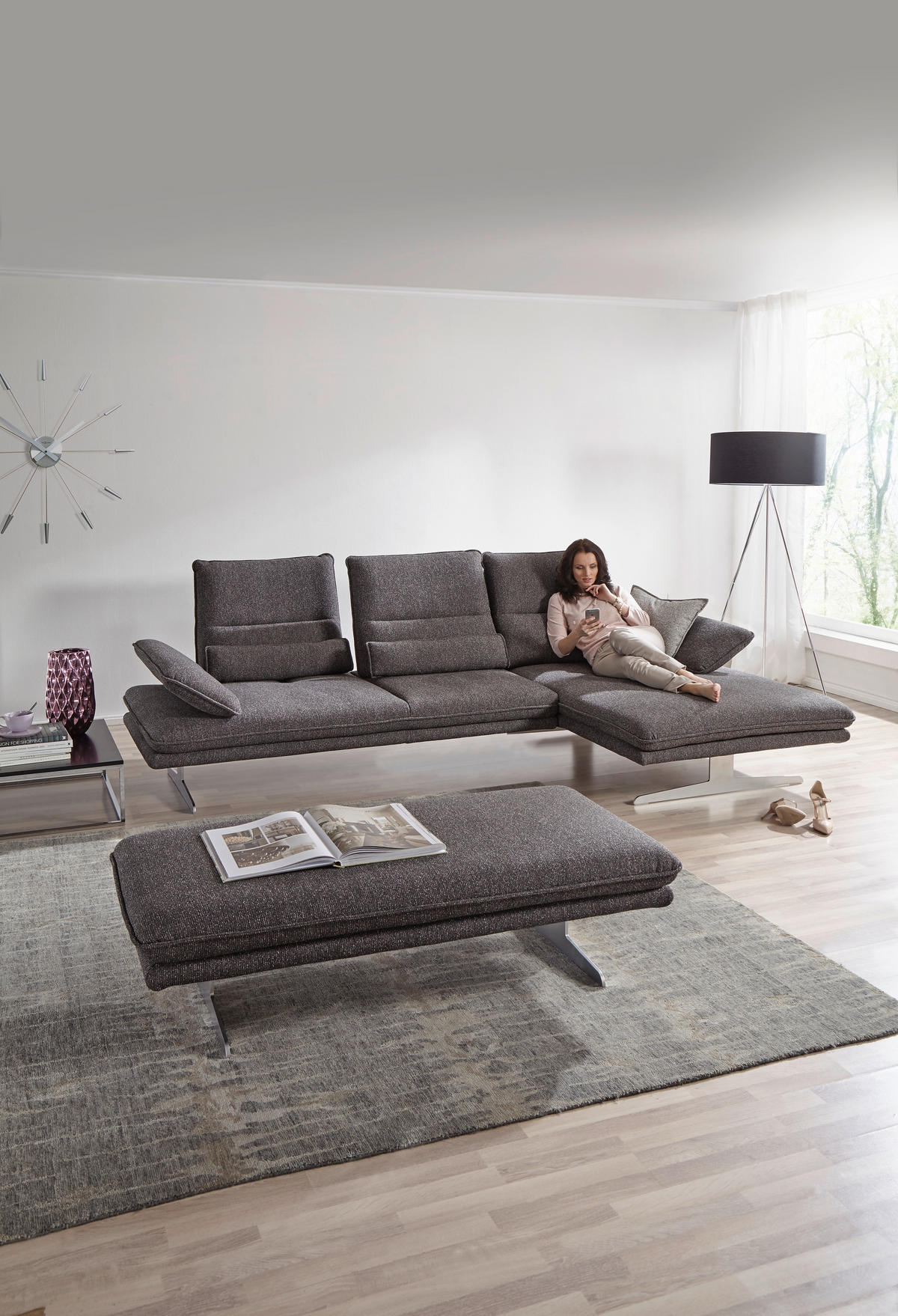 ECKSOFA Webstoff Anthrazit  - Chromfarben/Anthrazit, Design, Textil/Metall (291/164cm) - Chilliano