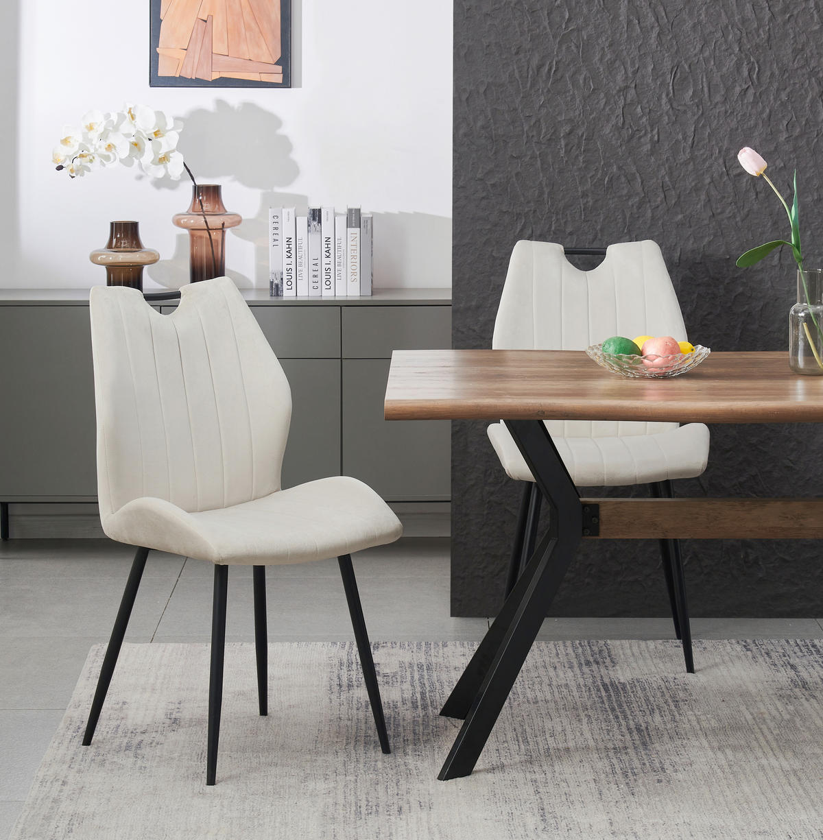 STUHL-SET 2 Stück  in Webstoff  - Creme/Schwarz, MODERN, Textil/Metall (52/75/58cm) - MID.YOU