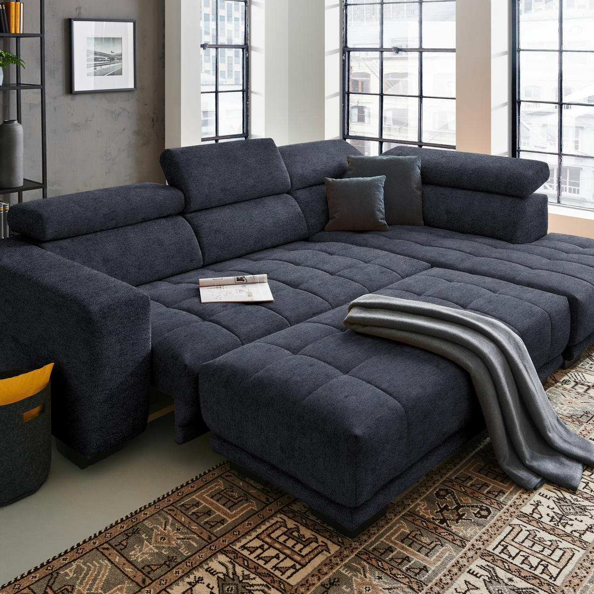 ECKSOFA  in Mikrofaser Dunkelgrau  301/207 cm  - Dunkelgrau/Schwarz, Design, Textil/Metall (301/207cm) - Xora