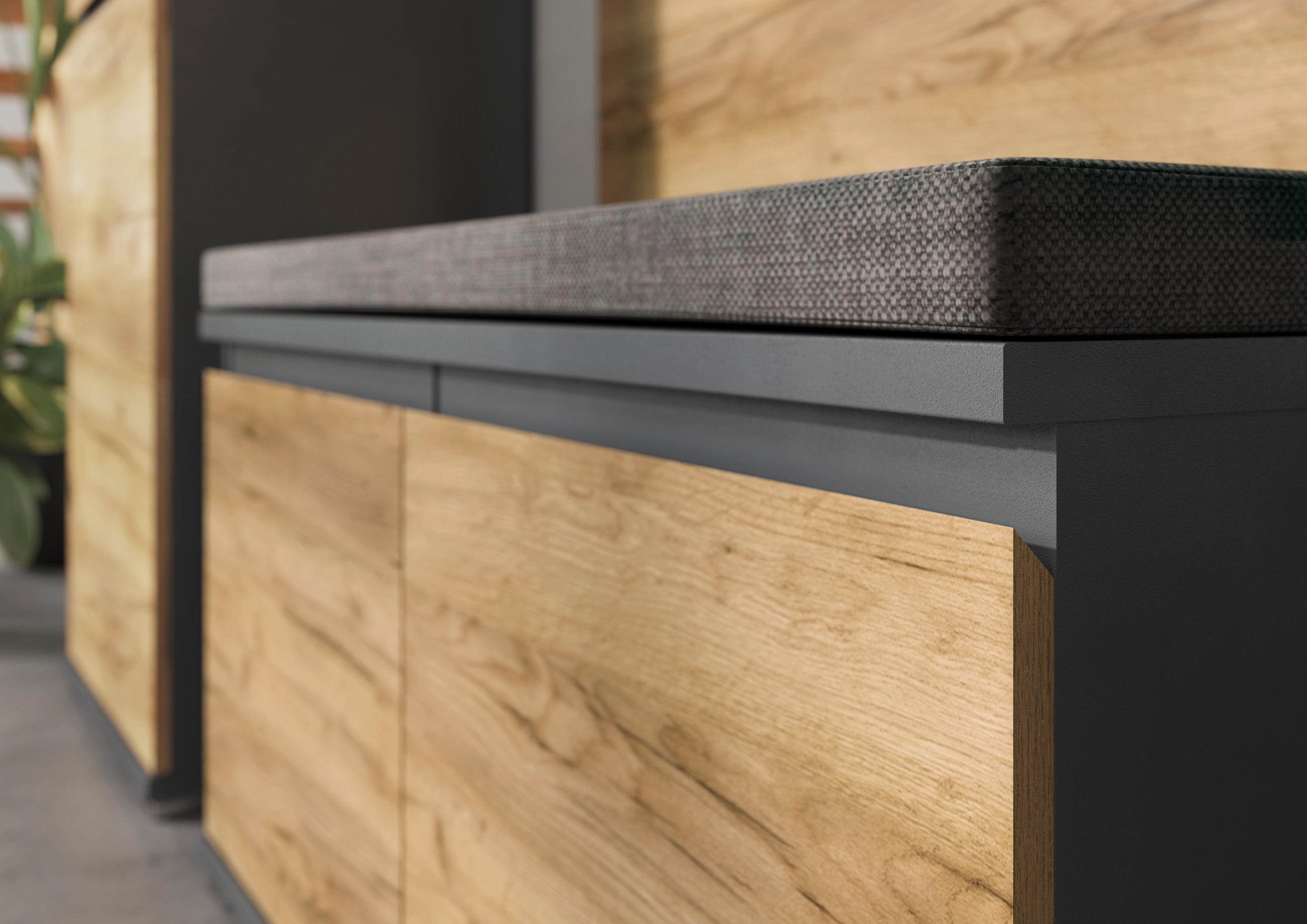 Thumbnail - Garderobenbank, Anthrazit, Eiche, Kunststoff, 1-Sitzer, 96x52x40 cm, Made in Germany, Garderobe, Garderobenbänke, Garder...