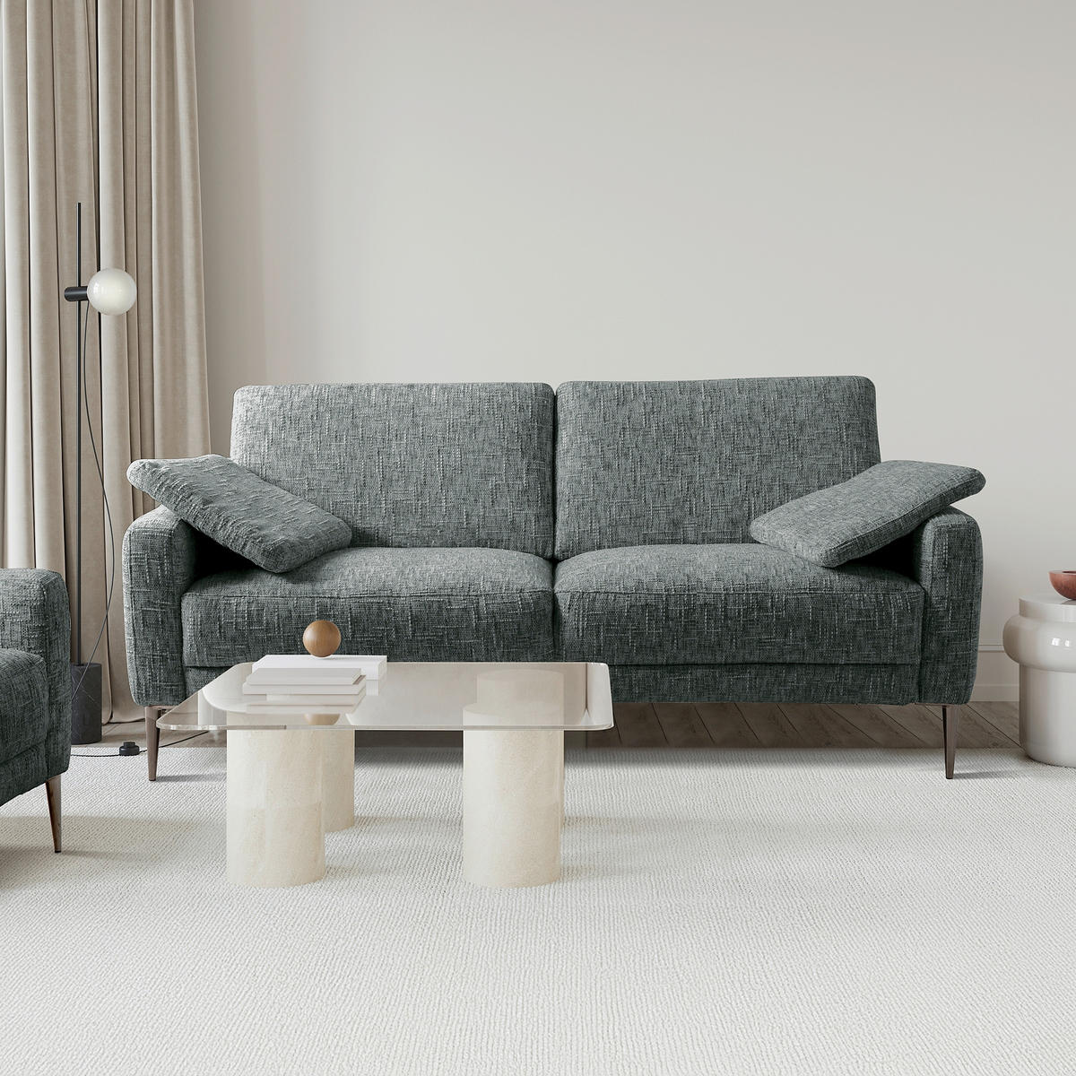 3-SITZER-SOFA SPRING in Webstoff Anthrazit Modern  - Anthrazit/Schwarzchrom, Design, Textil/Metall (187/85/92cm) - Livetastic