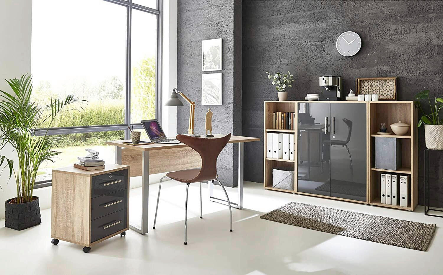 BÜRO erweiterbar, abschließbar Sonoma Eiche, Anthrazit Hochglanz - Anthrazit Hochglanz/Sonoma Eiche, MODERN, Holzwerkstoff/Metall - MID.YOU