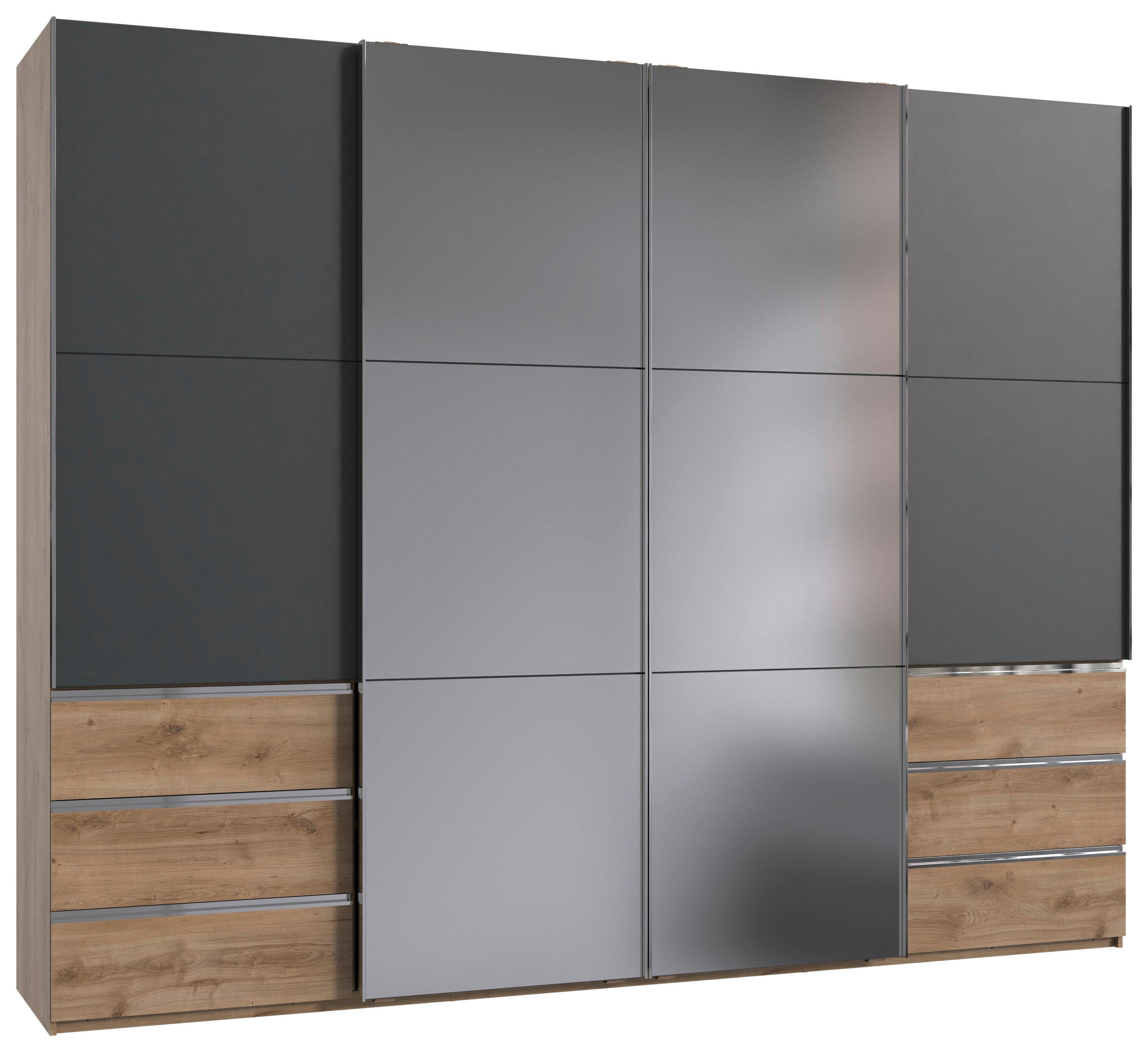 SCHWEBETÜRENSCHRANK 300/236/65 cm 4-türig Graphitfarben, Plankeneiche  - Chromfarben/Plankeneiche, MODERN, Glas/Holzwerkstoff (300/236/65cm) - MID.YOU