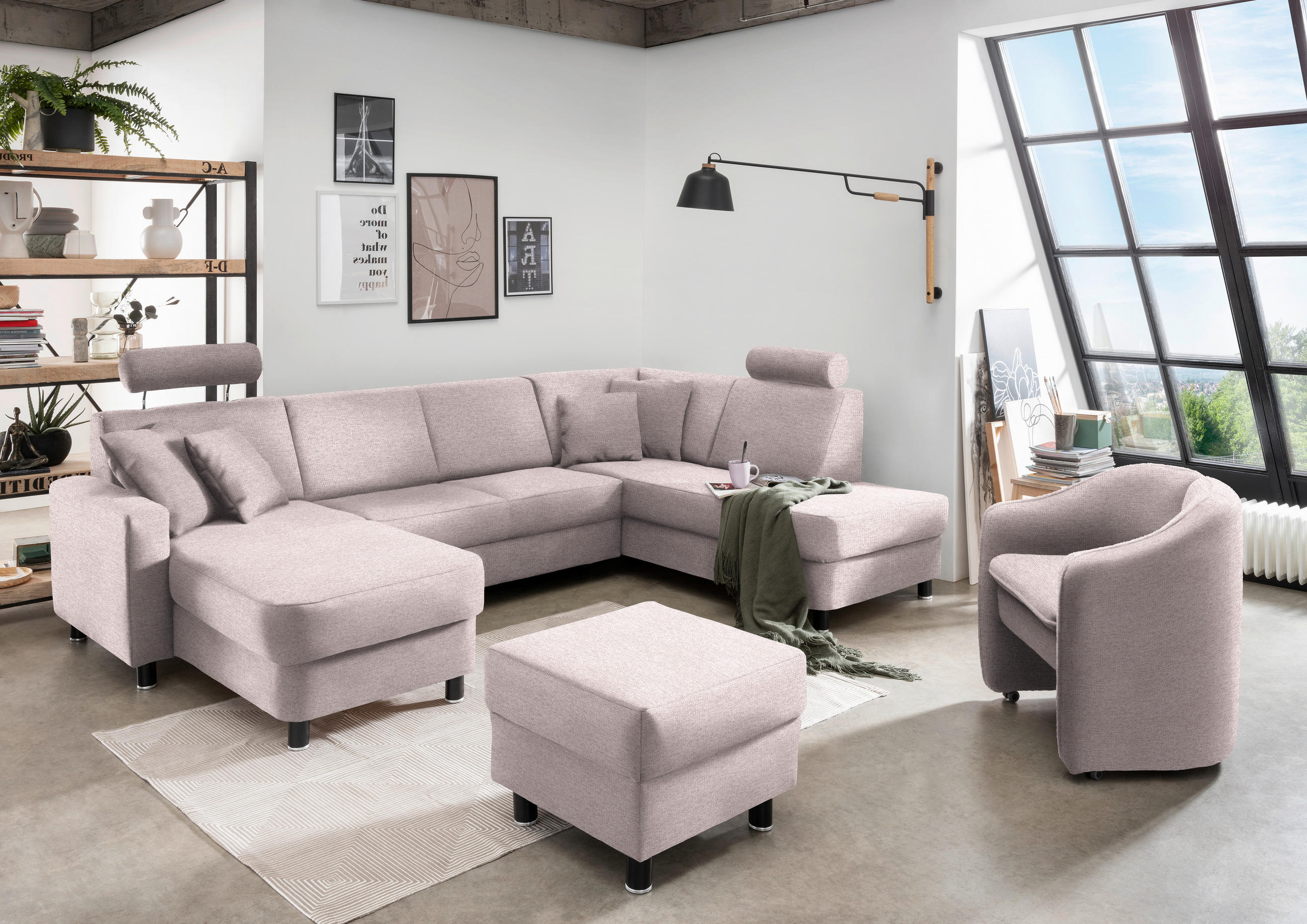 WOHNLANDSCHAFT in Webstoff Hellrosa  - Hellrosa/Schwarz, Design, Holz/Textil (165/296/198cm) - Xora