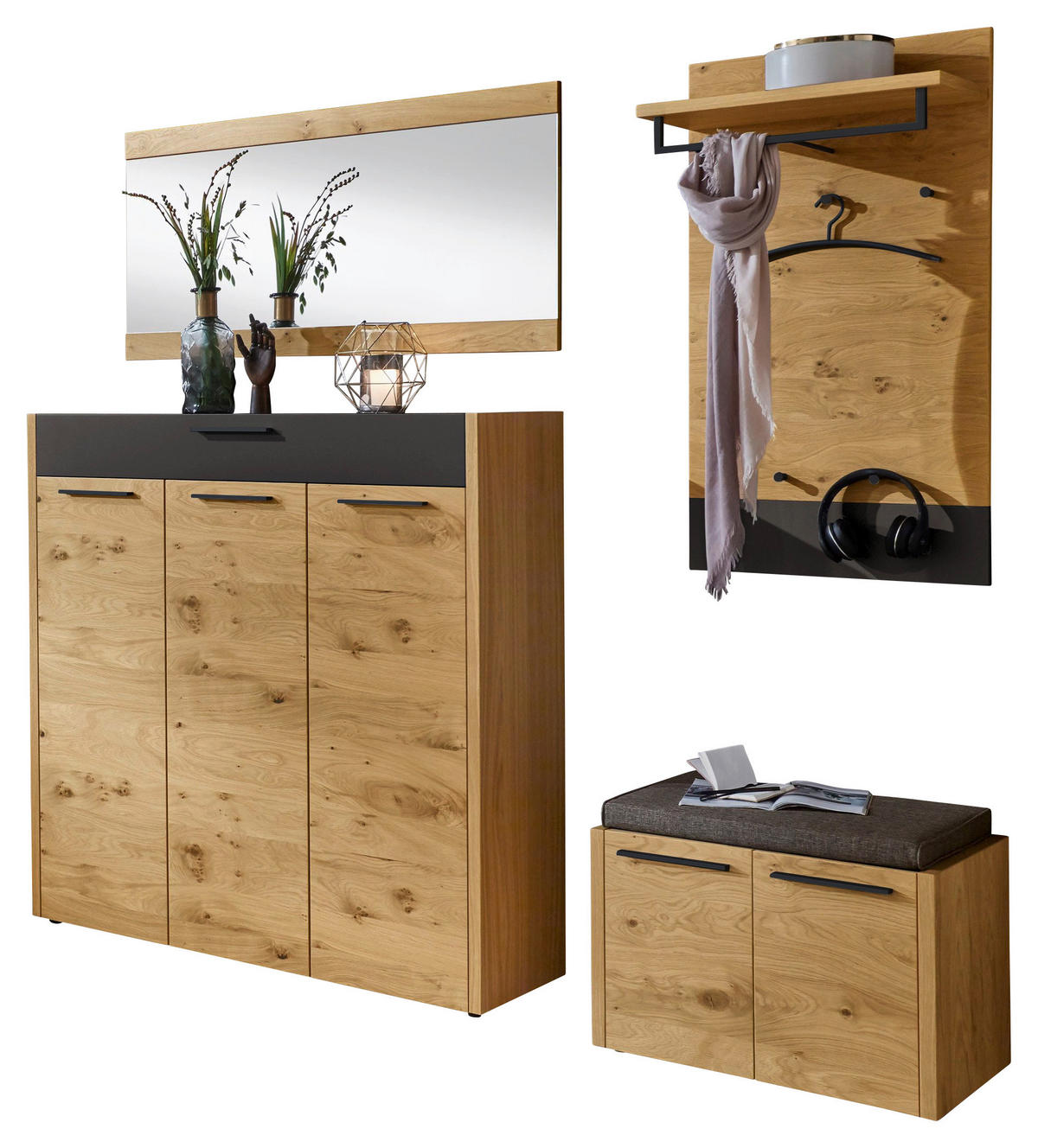 GARDEROBE 5-teilig  in 205/195/41 cm  - Eichefarben/Schwarz, Design, Glas/Holz (205/195/41cm)