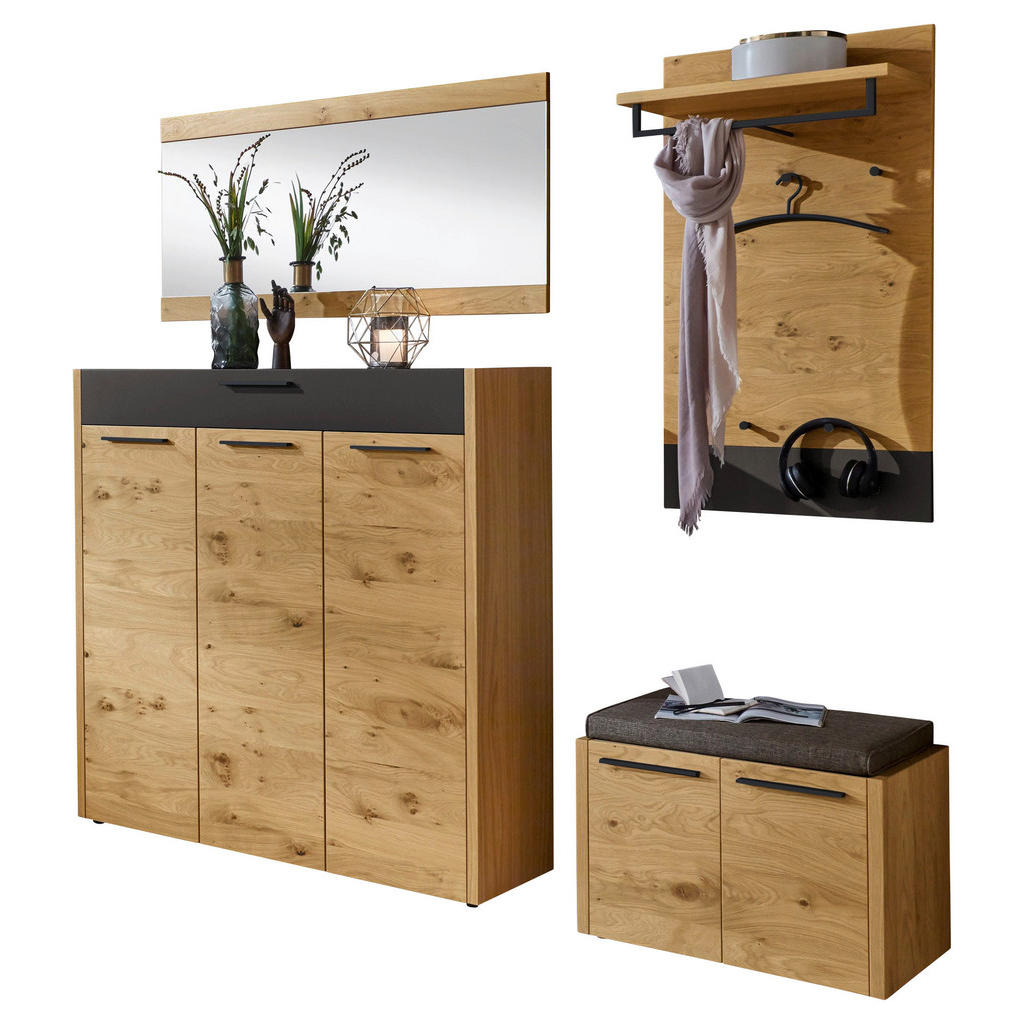 Thumbnail - Xxxl Garderobe, Schwarz, Eiche, Holz, Glas, Textil, 5-teilig, Balkeneiche, furniert, 205x195x41 cm, Goldenes M, Made in ...