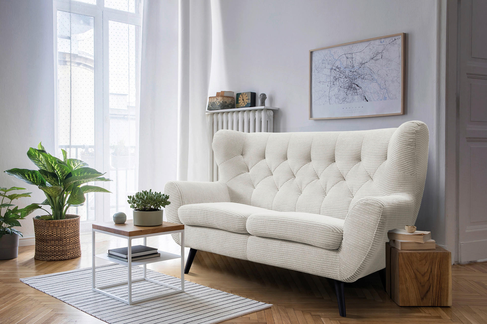 2-SITZER-SOFA Cord Creme  - Creme/Schwarz, Design, Holz/Textil (137/101/95cm) - Stylife