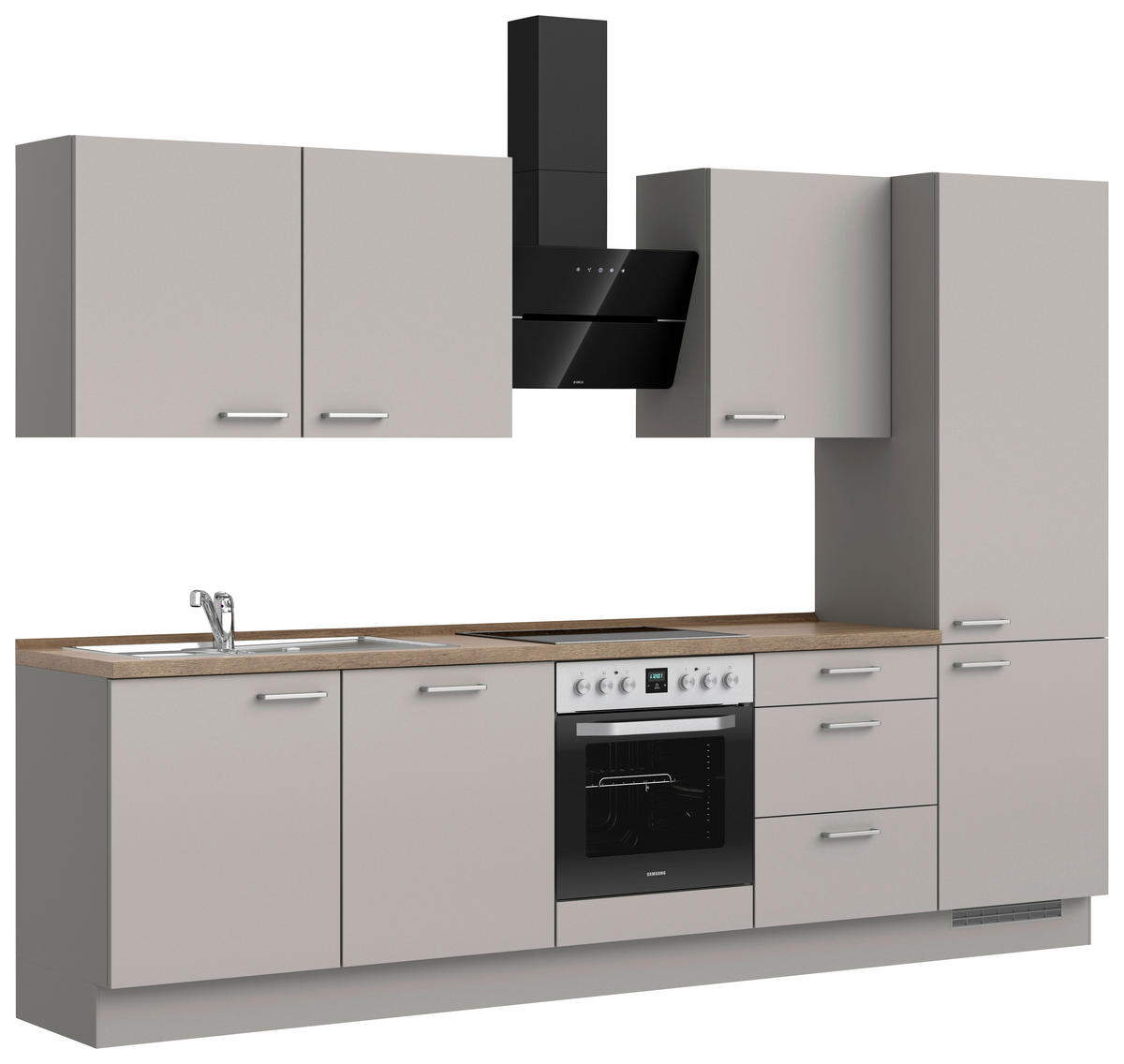 KÜCHENBLOCK 300 cm   in Grau, Eiche dunkel  - Eiche dunkel/Edelstahlfarben, MODERN, Holzwerkstoff/Metall (300cm) - Nobilia