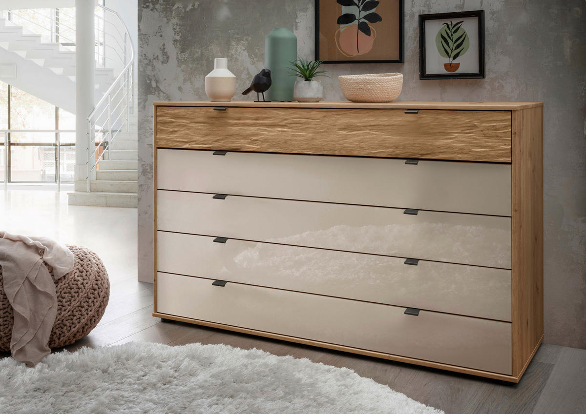 KOMODA, barve šampanjca, hrast bianco  - barve šampanjca/črna, Design, kovina/steklo (80/86/43cm) - Dieter Knoll