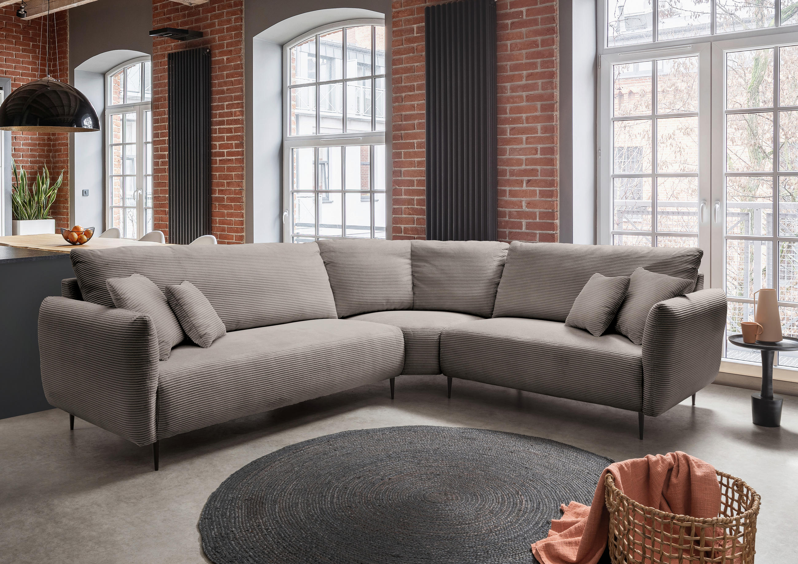 ECKSOFA Graubraun Cord  - Graubraun/Schwarz, Design, Textil/Metall (294/256cm) - Livetastic