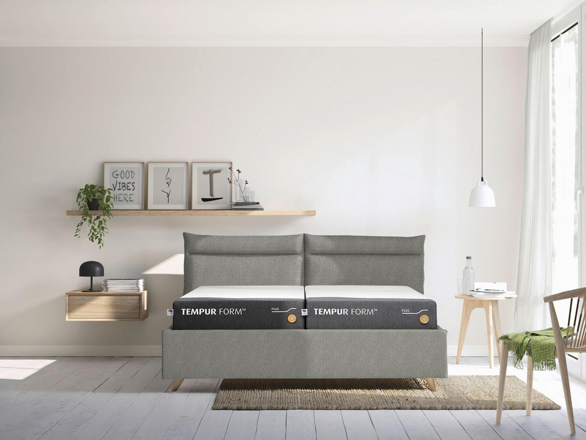 POLSTERBETT 180/200 cm  Hellgrau  - Graublau/Buchefarben, Konventionell, Holz/Textil (180/200cm) - Tempur