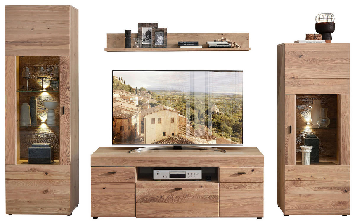 WOHNWAND  in Eschefarben, Eiche Artisan 305/194/49 cm  - Eschefarben/Schwarz, Design, Glas/Holz (305/194/49cm) - Linea Natura