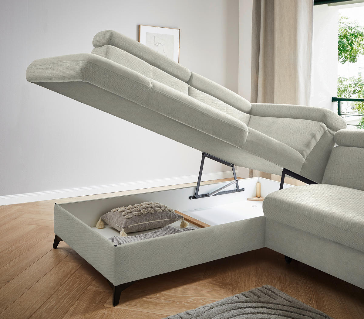 ECKSOFA in Webstoff Ecru  - Ecru/Schwarz, Design, Textil/Metall (203/260cm) - Stylife