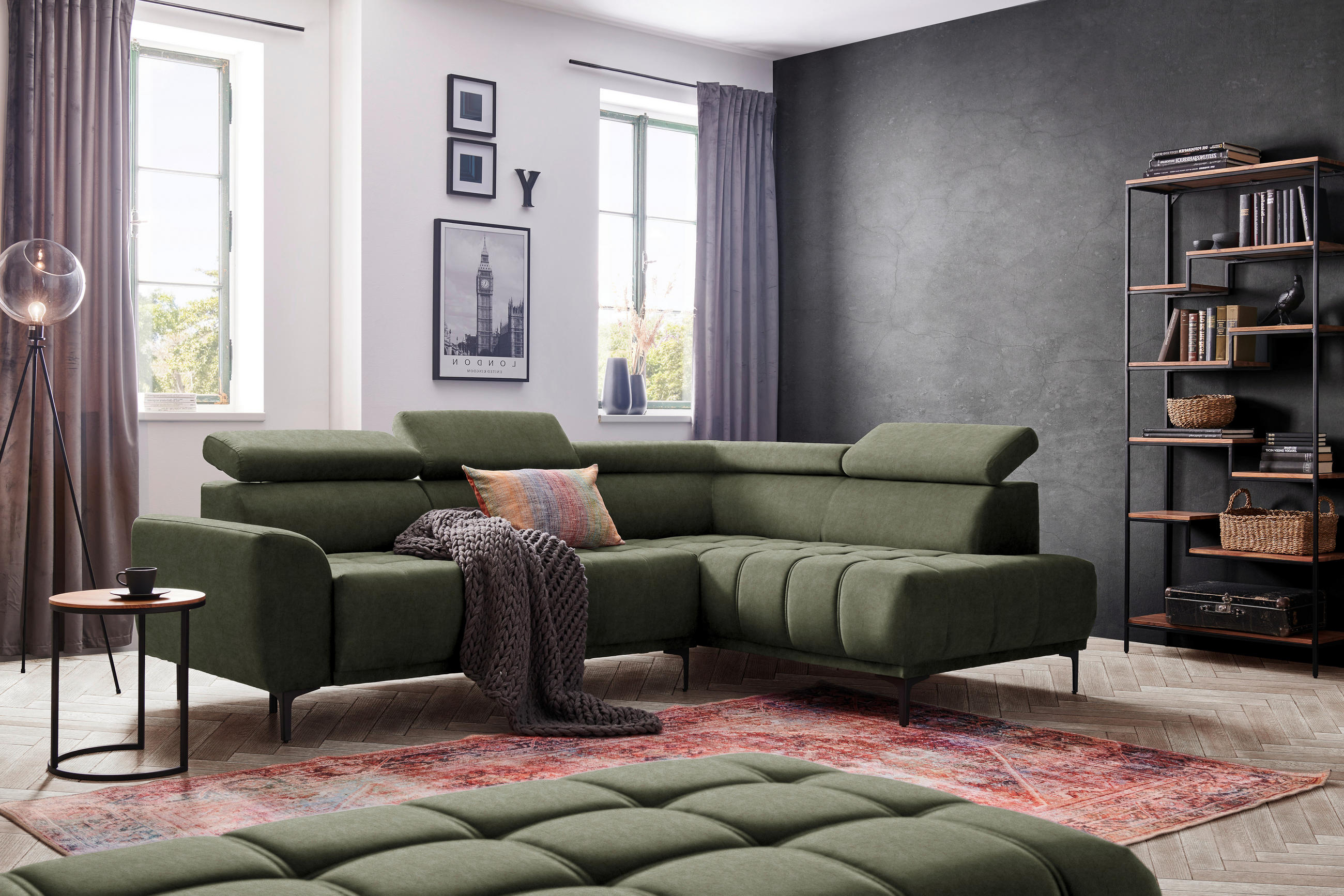 ECKSOFA Grün Velours  - Schwarz/Grün, Design, Textil/Metall (261/191cm) - Stylife