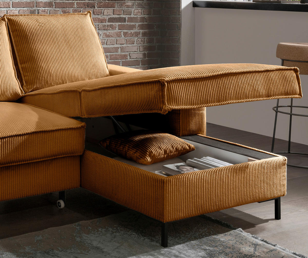ECKSOFA Goldfarben Cord  - Goldfarben/Schwarz, MODERN, Textil/Metall (240/150cm) - Livetastic