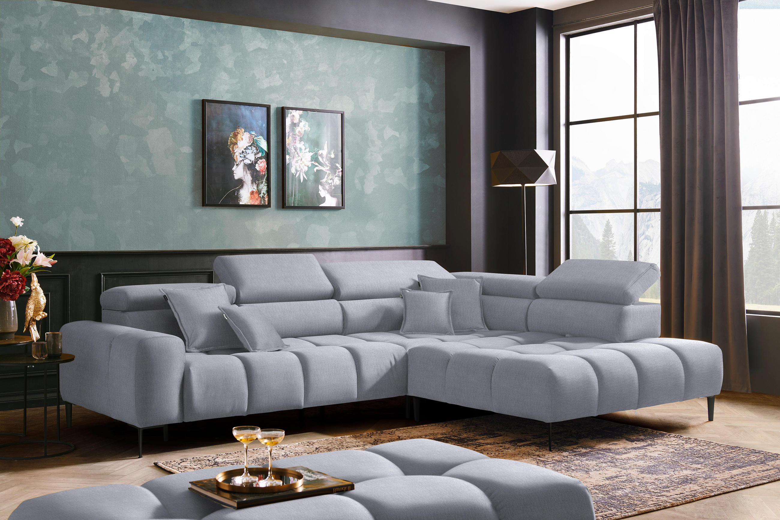 ECKSOFA Hellgrau Samt, Webstoff  - Hellgrau/Schwarz, Design, Textil/Metall (300/216cm) - Welnova